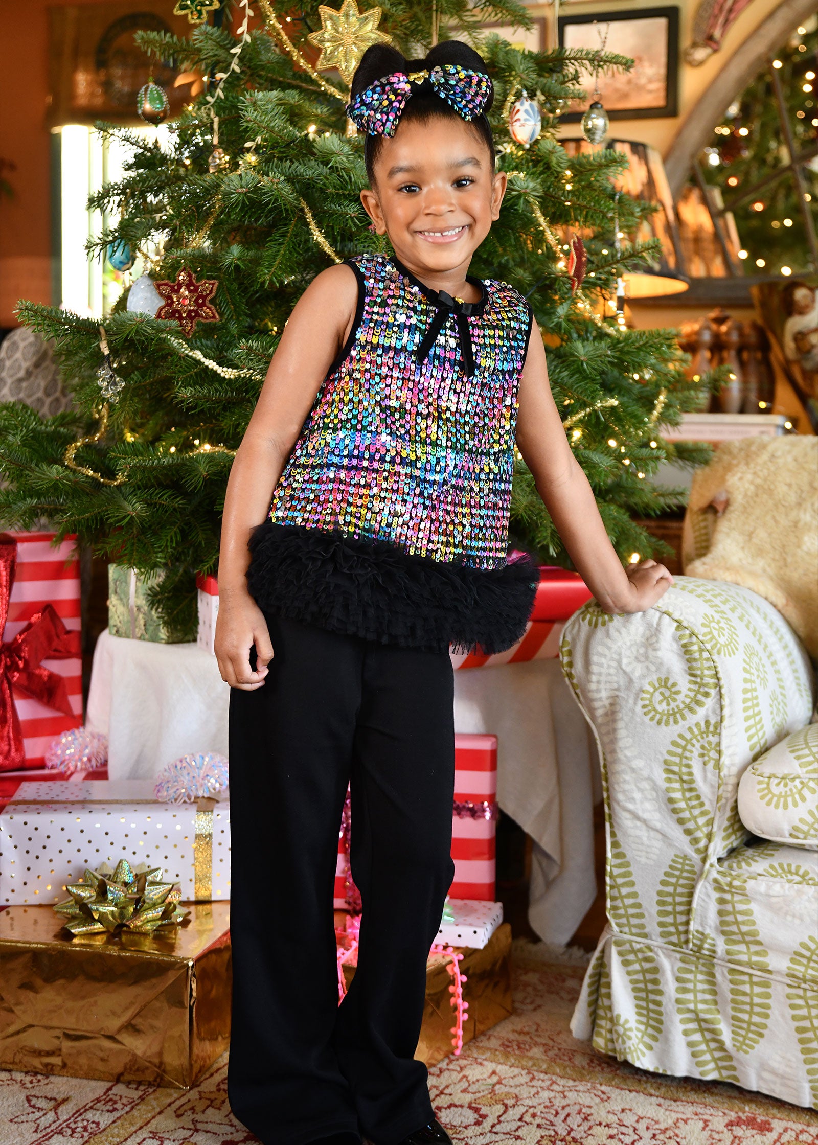 Amber Multi Sequin Top and Trousers Set Black Multi