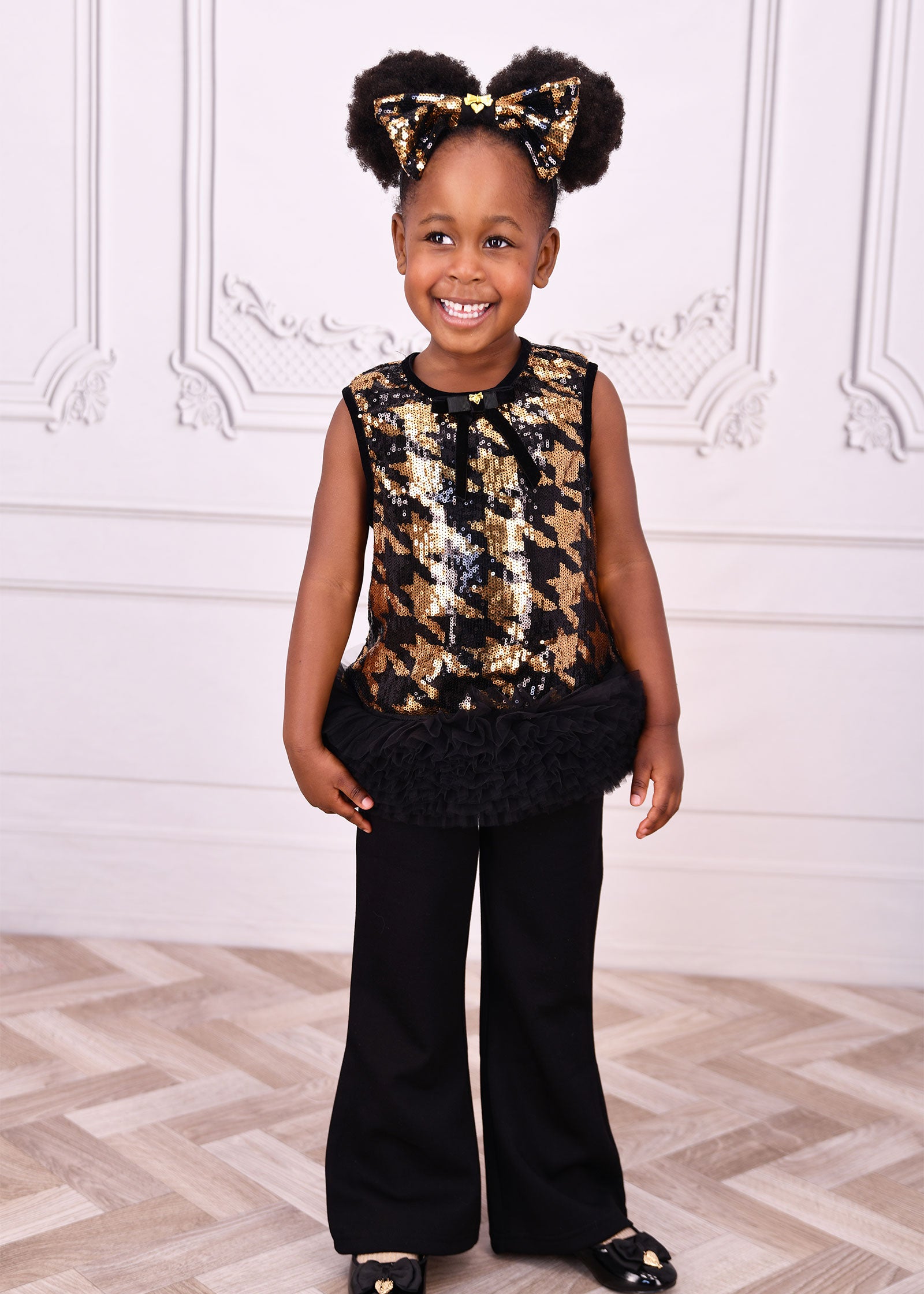 Amber Sequin Top and Trouser Set Black/Gold
