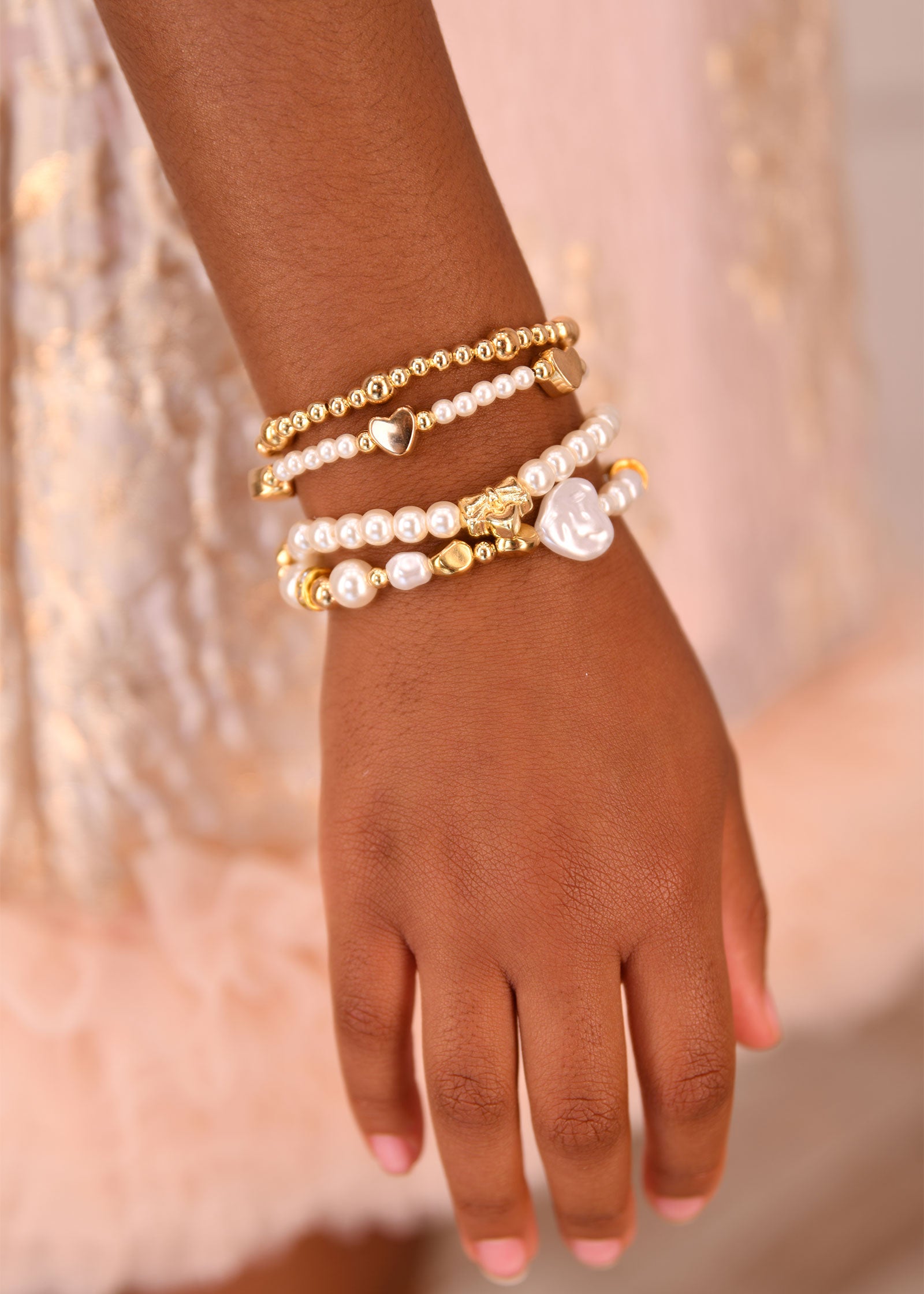 Heart and Pearl Bracelet Set Snowdrop/Gold