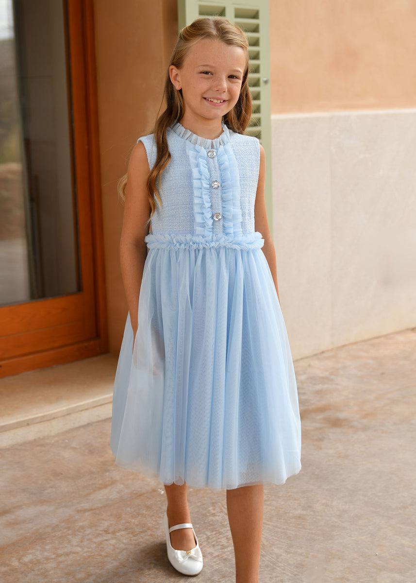 Carla Woven Dress With Tulle Skirt Pretty Blue – Angel's Face