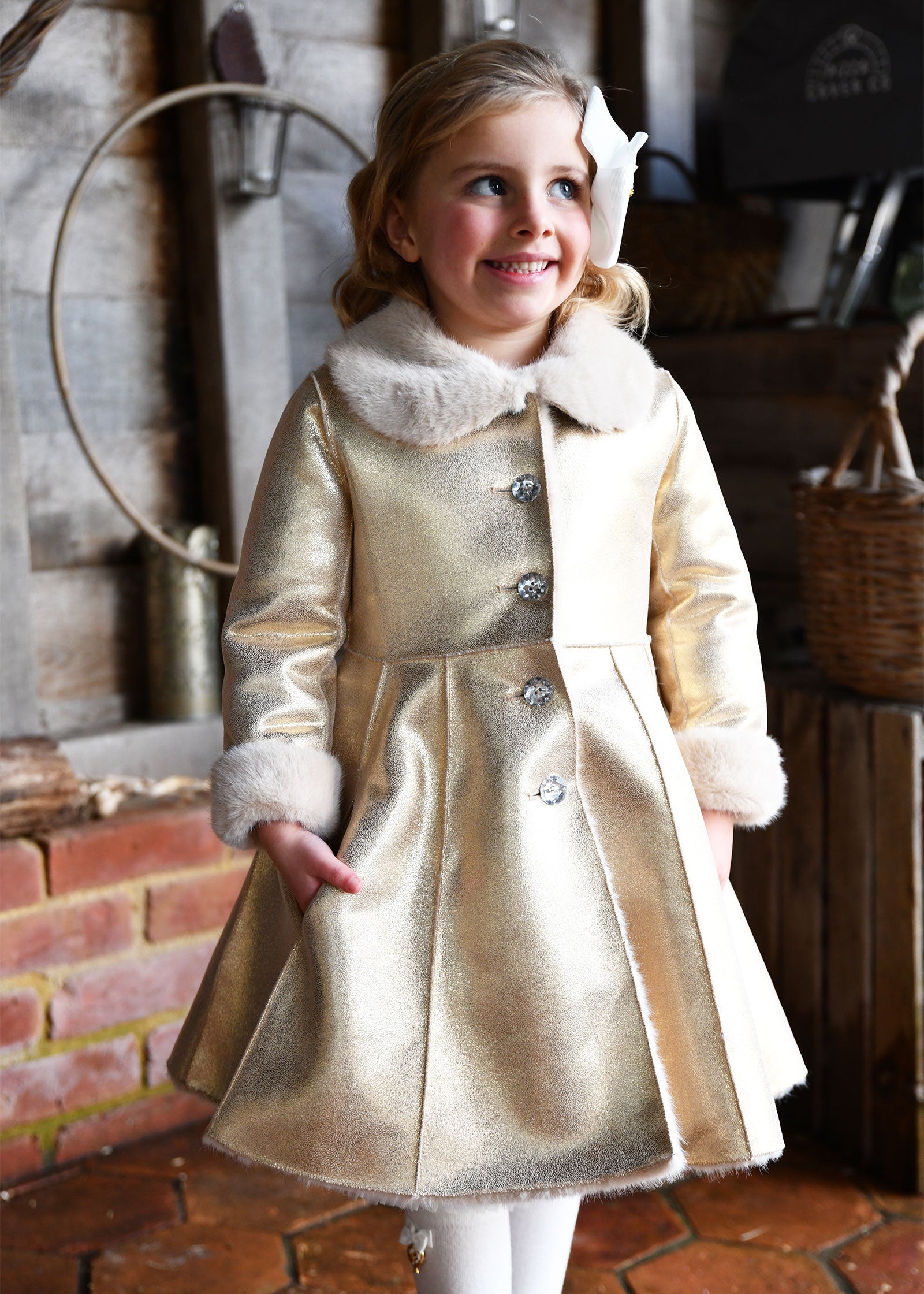 Dazzle Metallic Fur Long Coat Gold