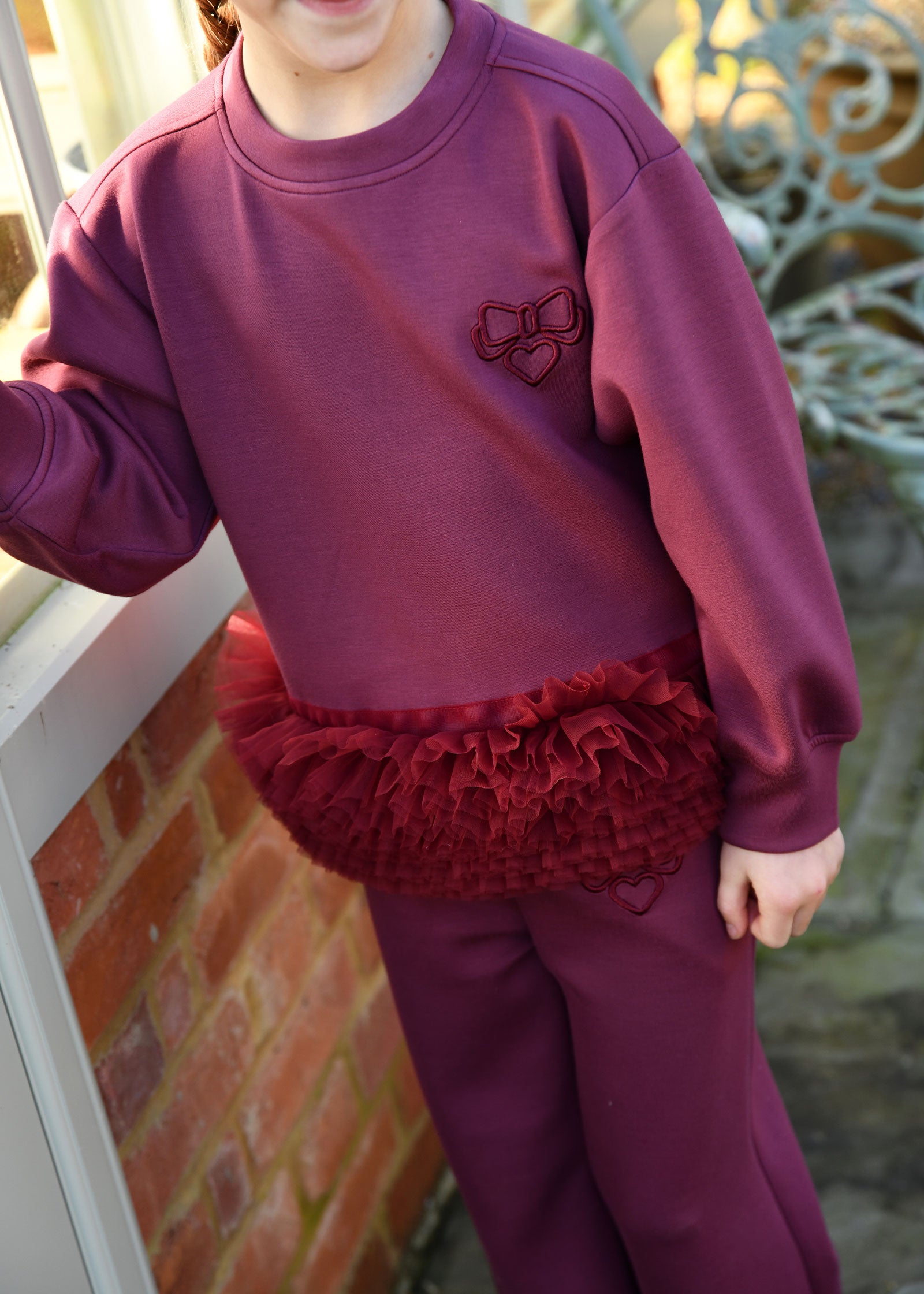 Deonne Tulle Trim Top and Jogger Set Burgundy