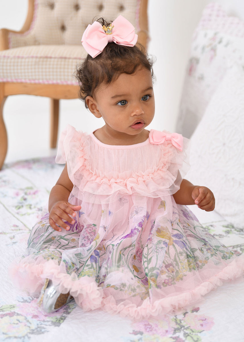 Angel's face-DOMINIQUE ROSES BORDER PRINT BABY DRESS- PEACH