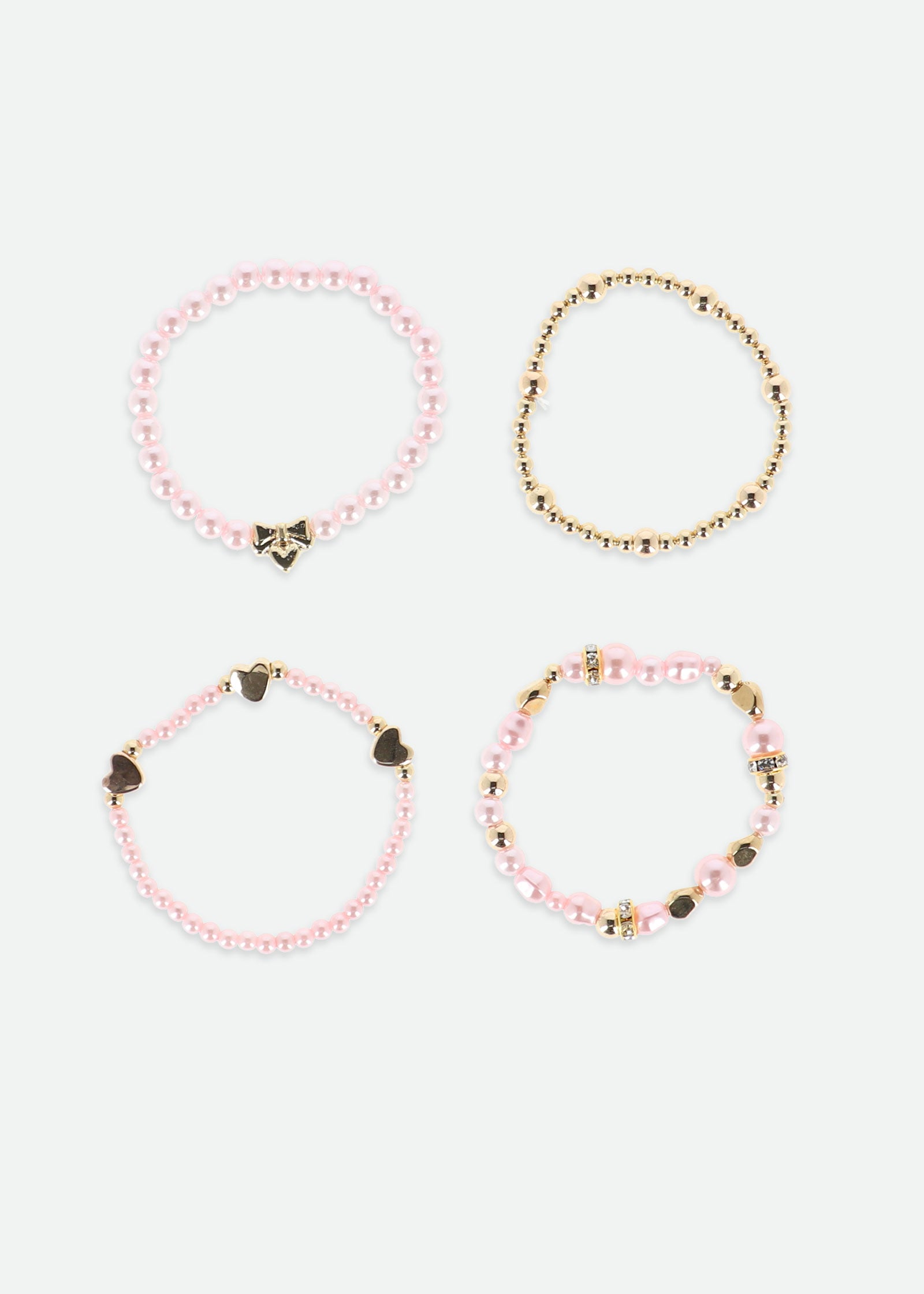 Heart and Pearl Bracelet Set Pink/Gold