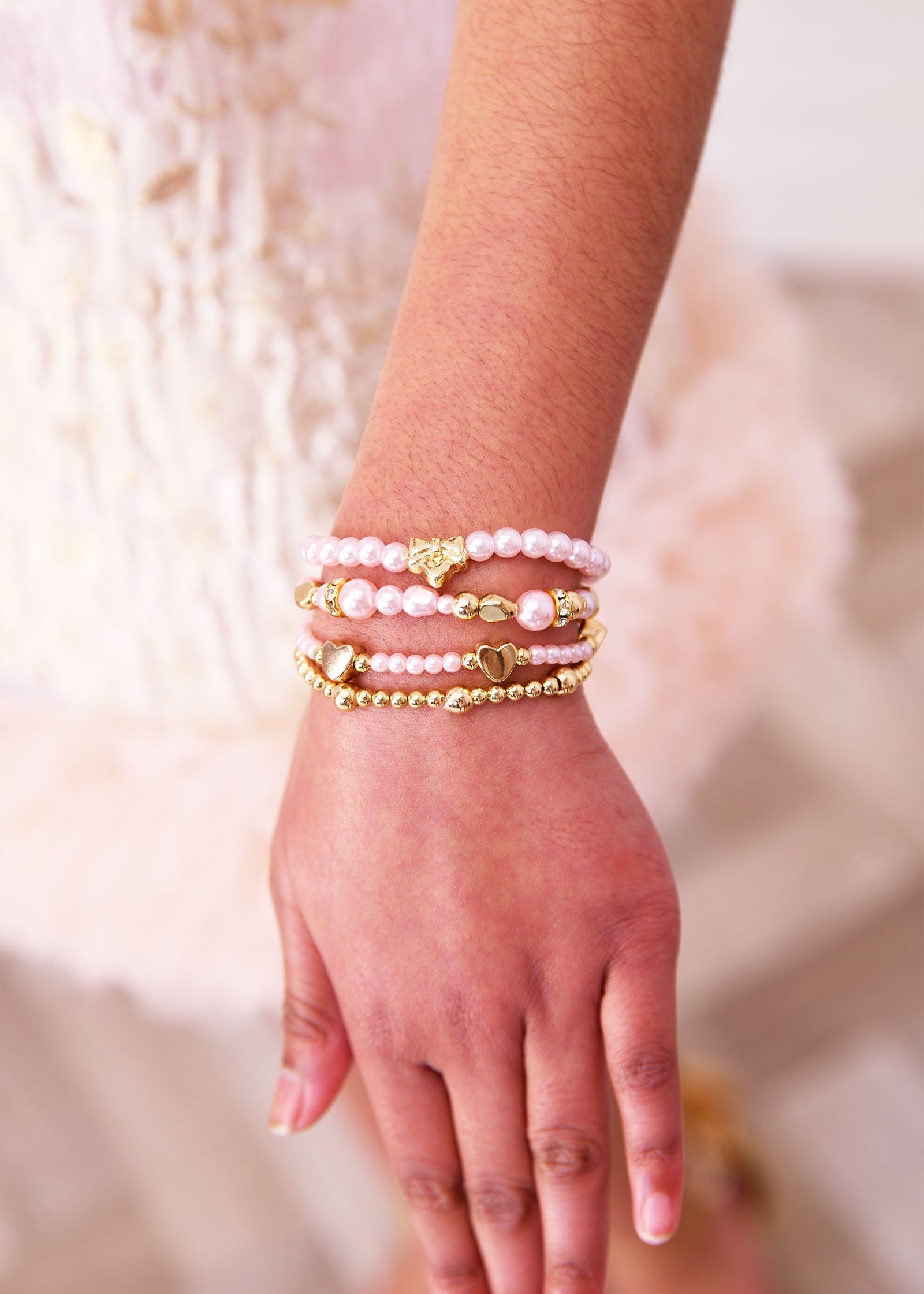 Heart and Pearl Bracelet Set Pink/Gold