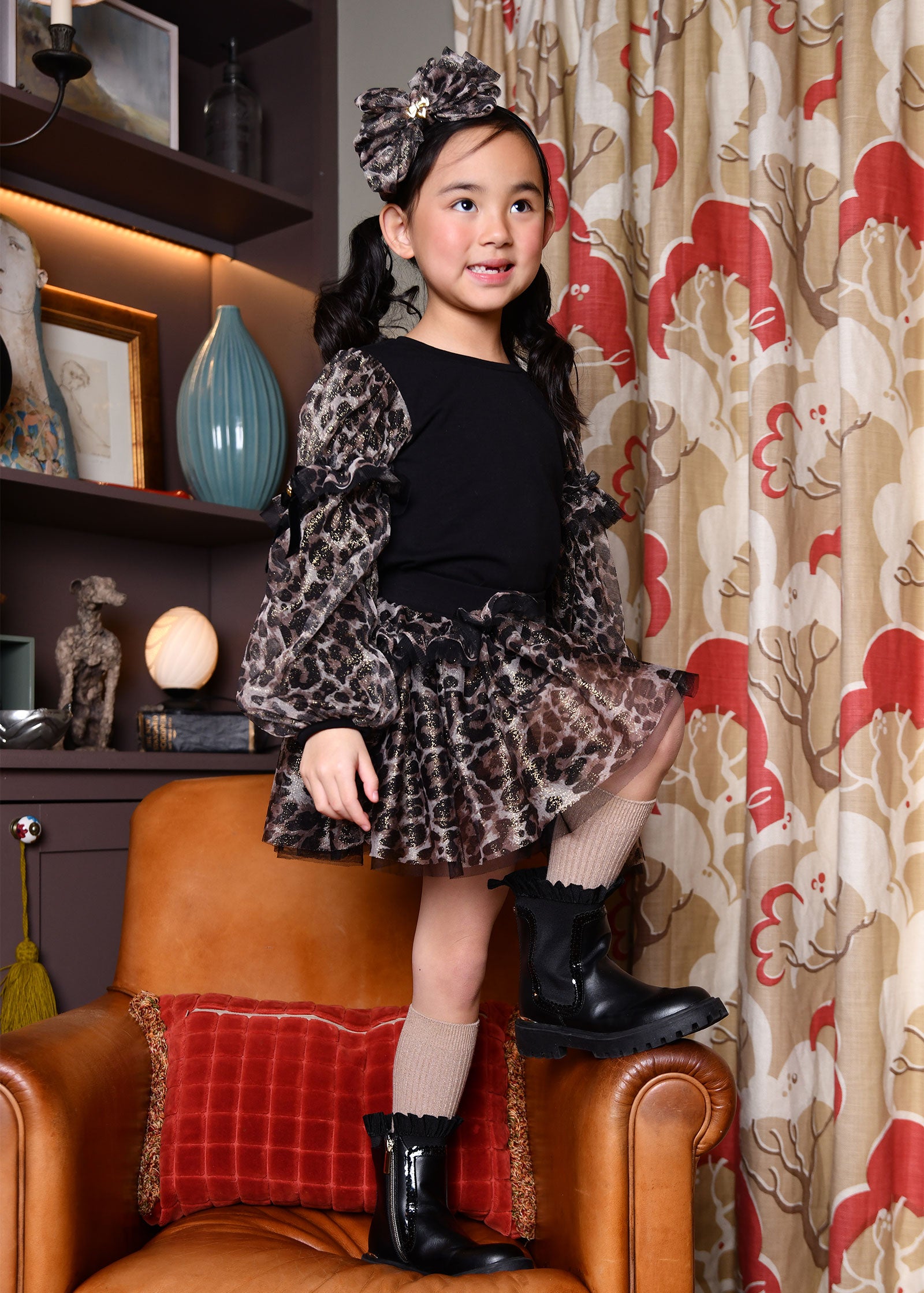 Lila Leopard Tulle Sleeve Top Black