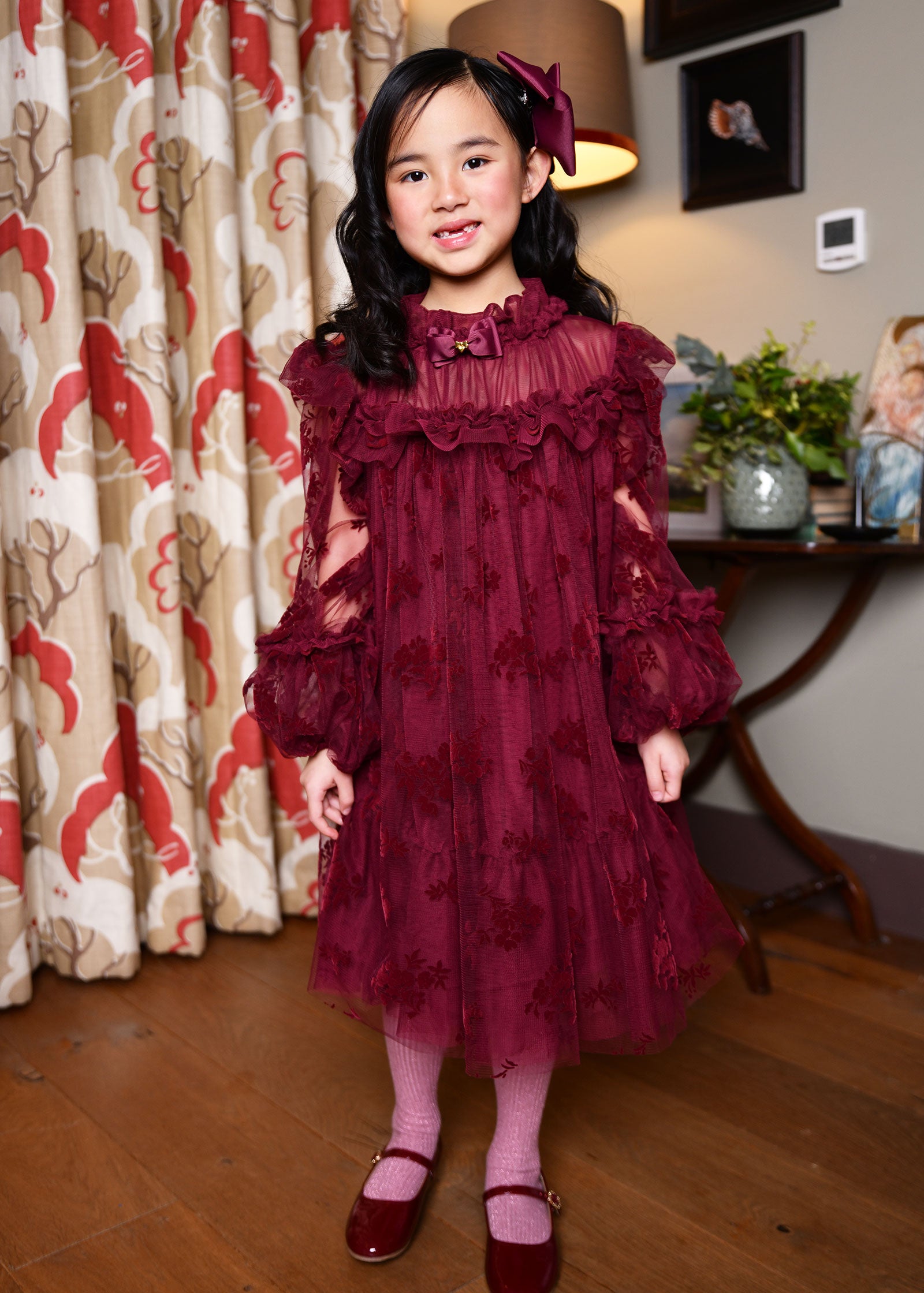 Nadiya Flock Flower Tulle Dress Burgunday