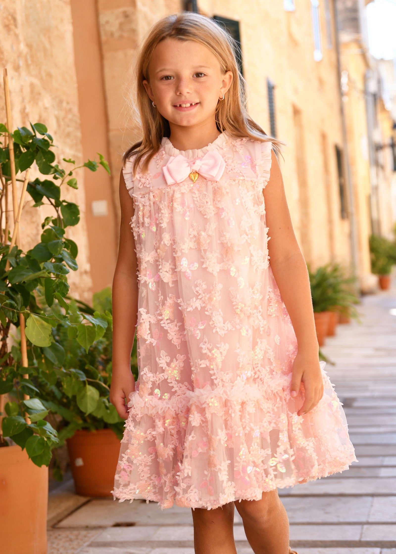 Tilly Sequin Flower Tulle Dress Pale Pink