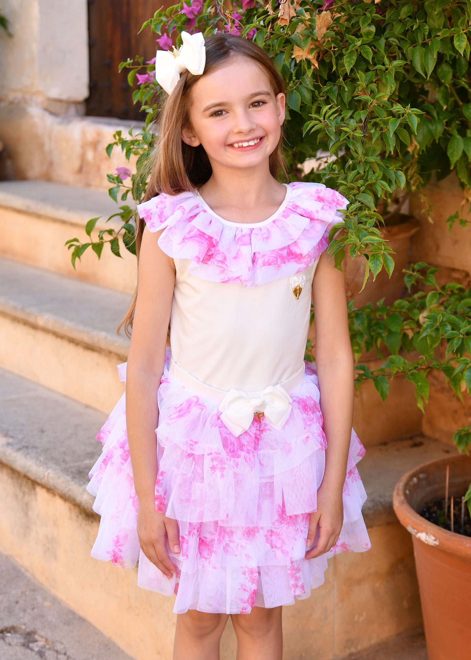 Abbie Roses Tulle Skirt Snowdrop/Pink