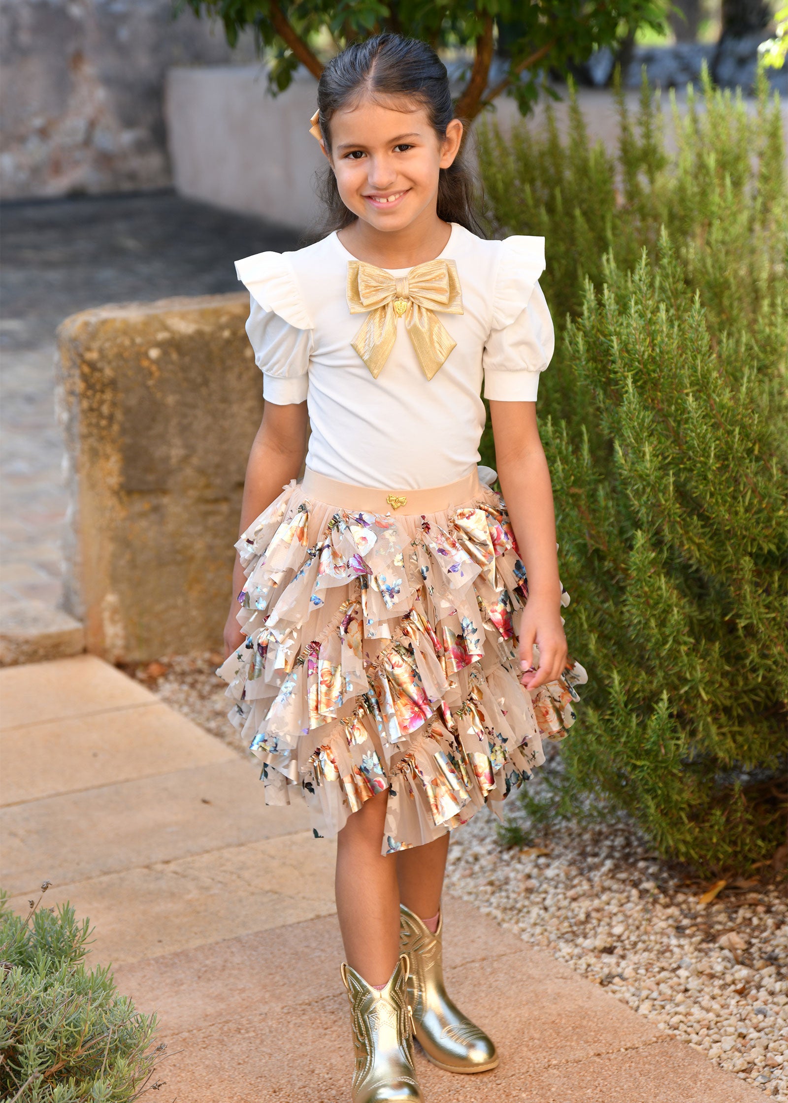 Adva Foil Print Tulle Skirt Gold