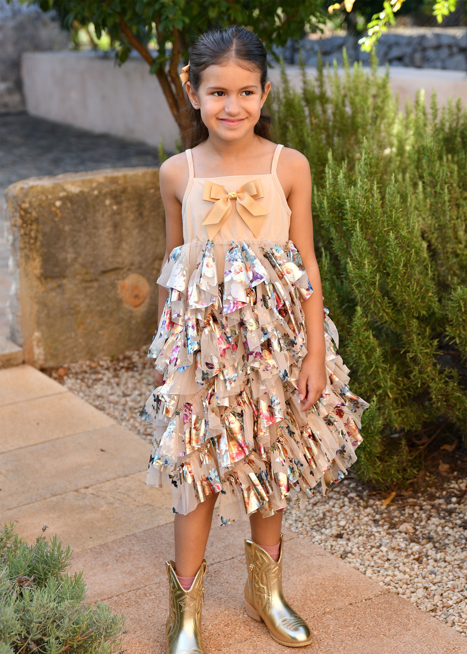 Adva Foil Print Tulle Top Gold