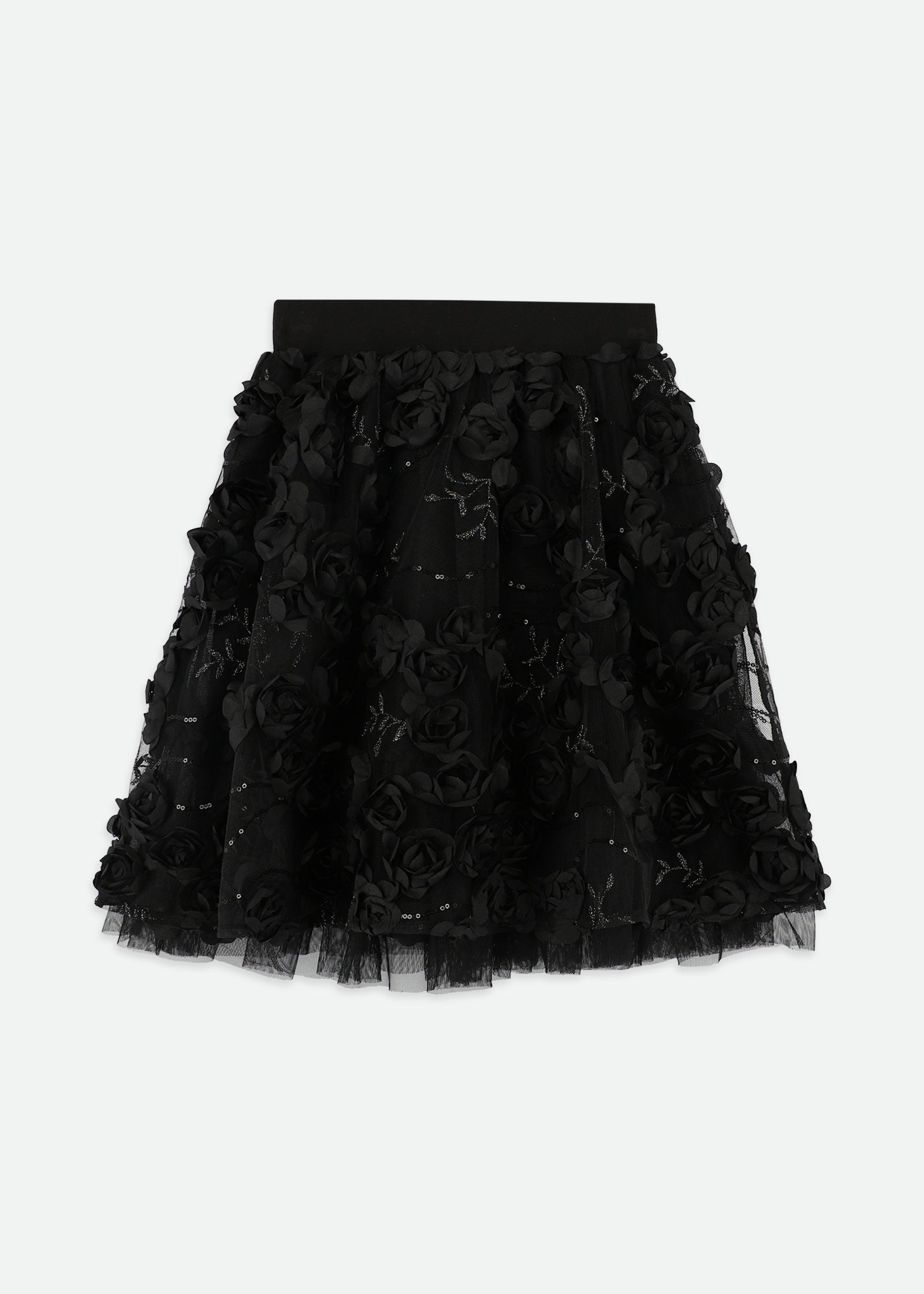 Aliza Sequin And 3D Flower Long Skirt Black