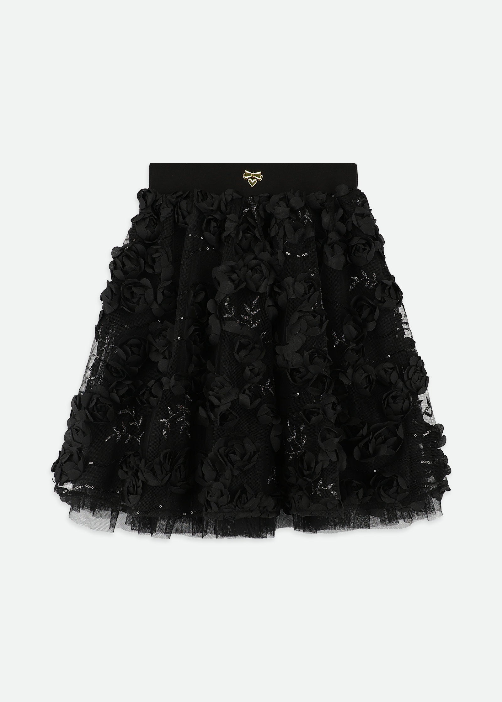 Aliza Sequin And 3D Flower Long Skirt Black