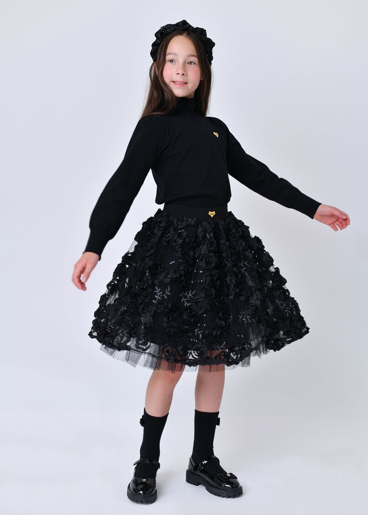 Aliza Sequin And 3D Flower Long Skirt Black