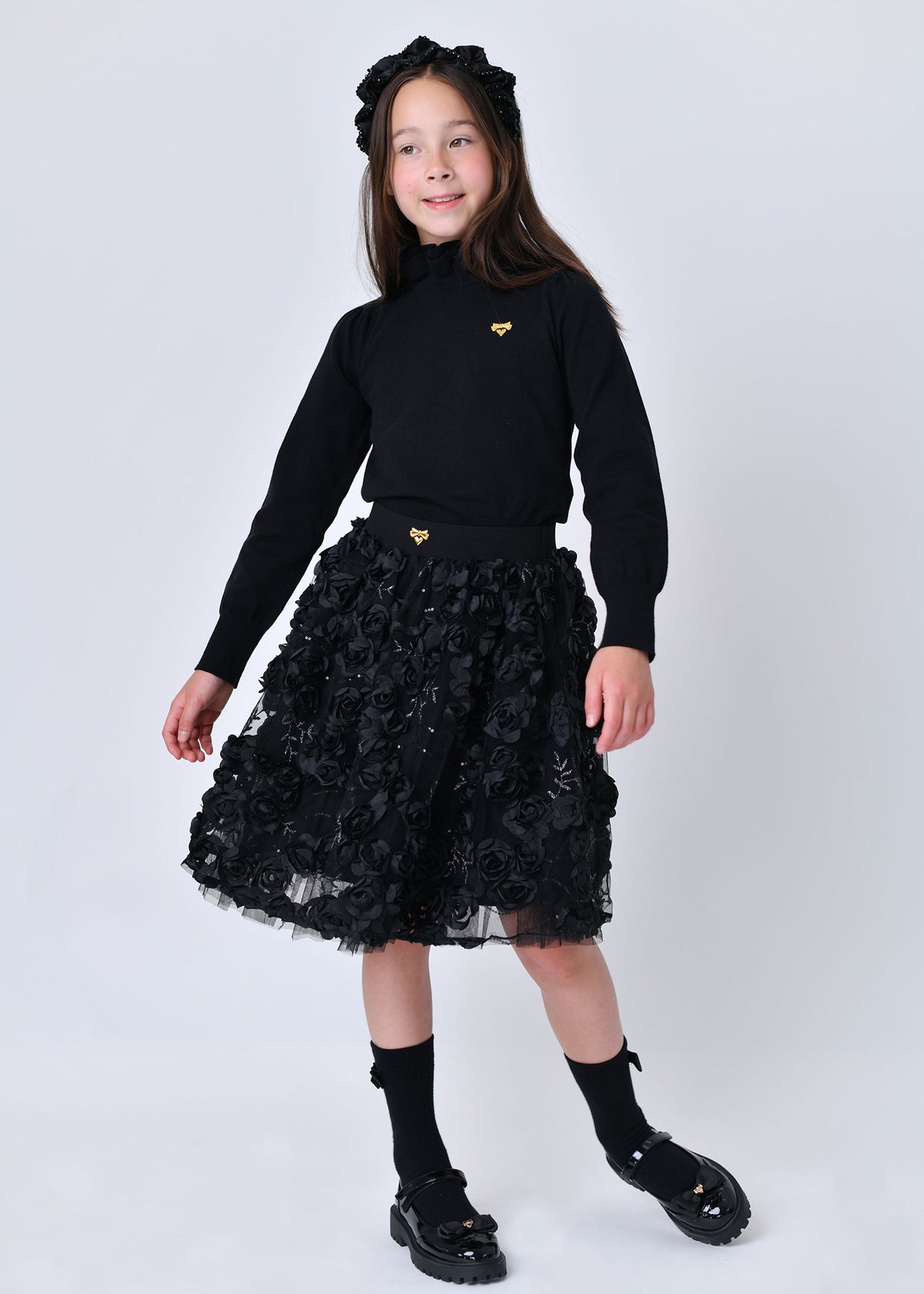 Aliza Sequin And 3D Flower Long Skirt Black