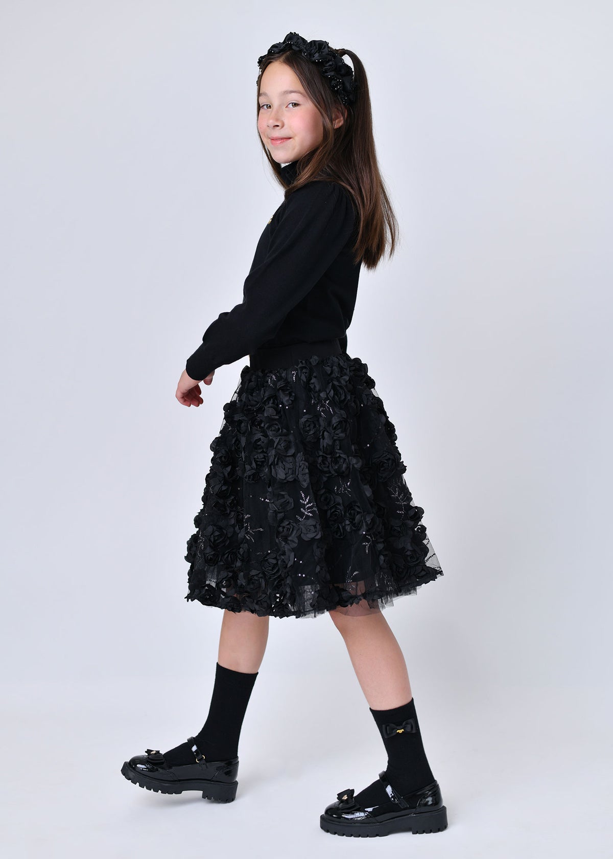 Aliza Sequin And 3D Flower Long Skirt Black