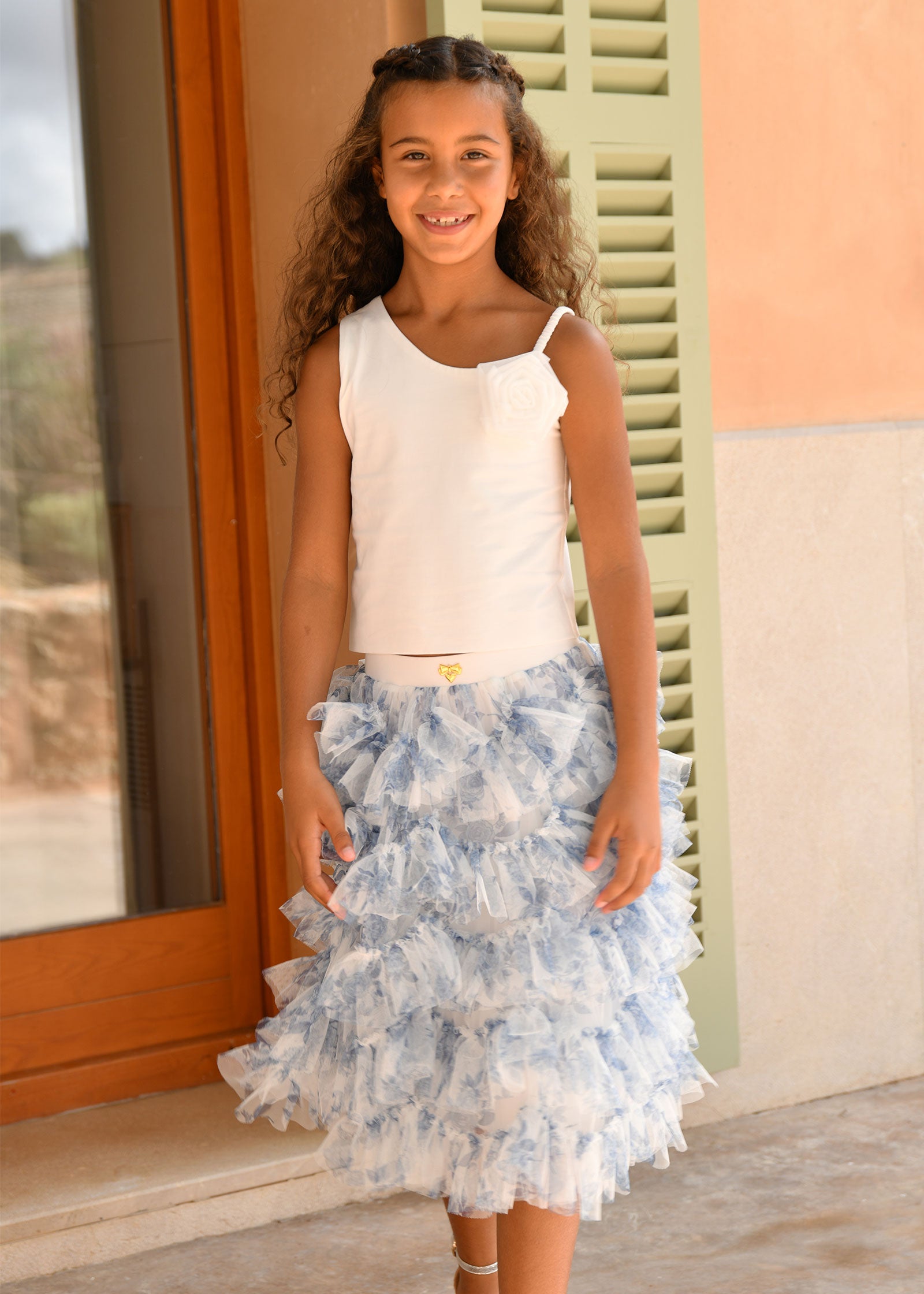 Bethan Printed Tiered Tulle Skirt Snowdrop/Blue
