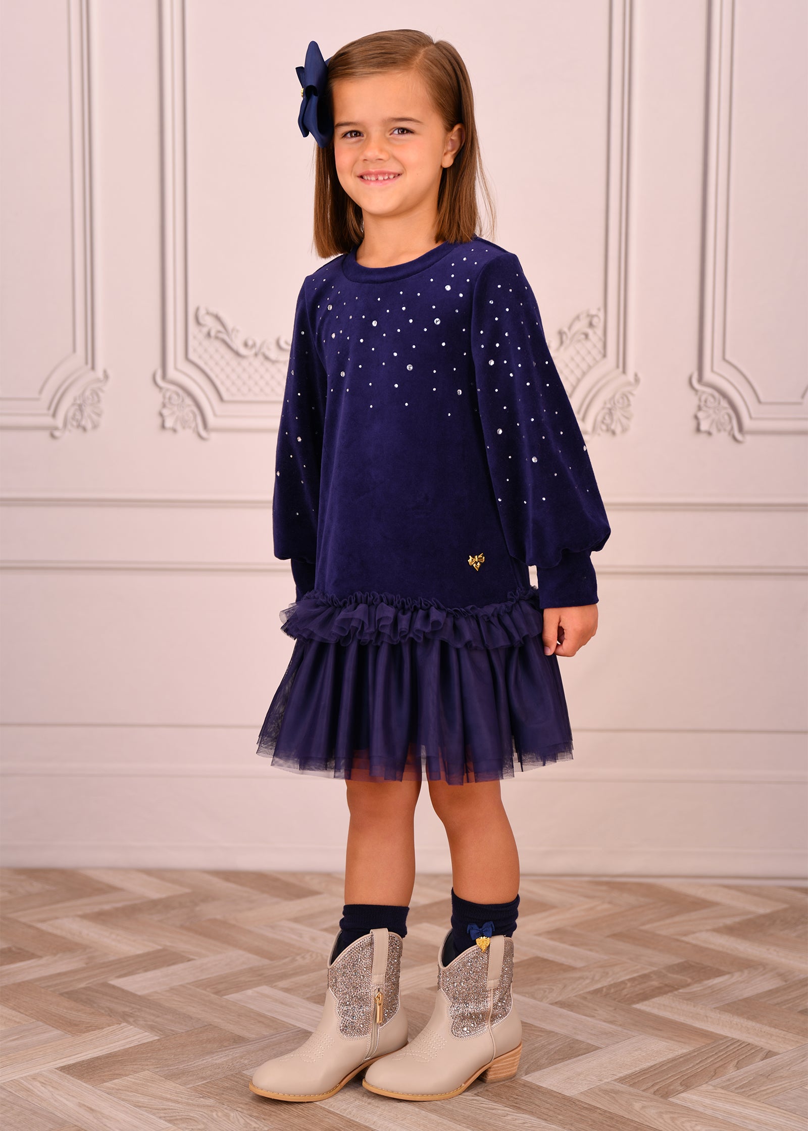 Bijou Crystal Velour Dress Navy