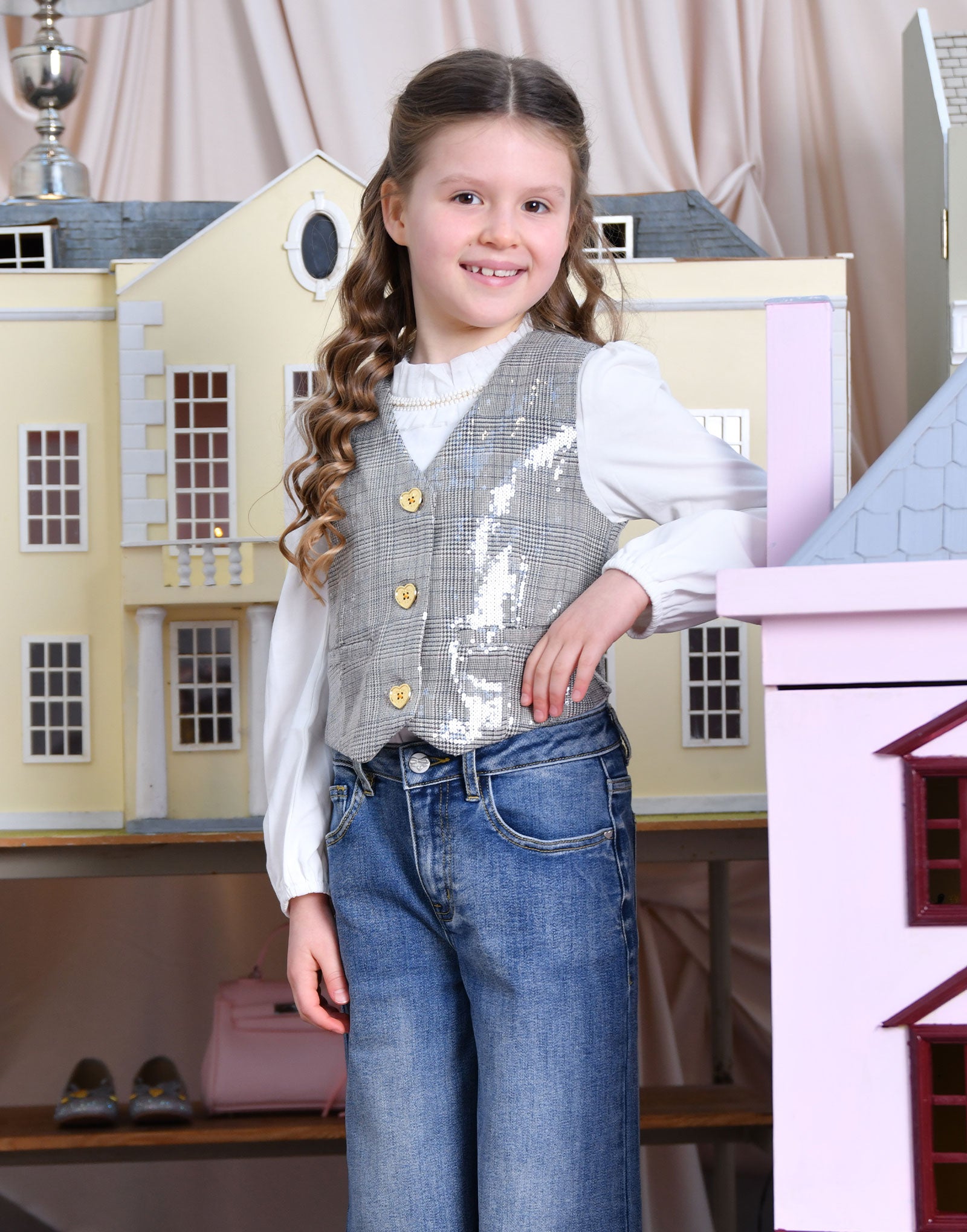 Birdie Check Sequin Waistcoat Grey