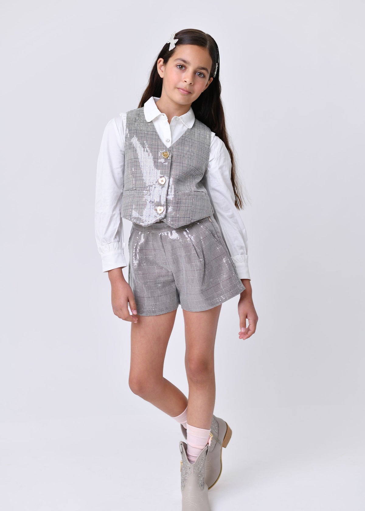 Birdie Check Sequin Waistcoat Grey