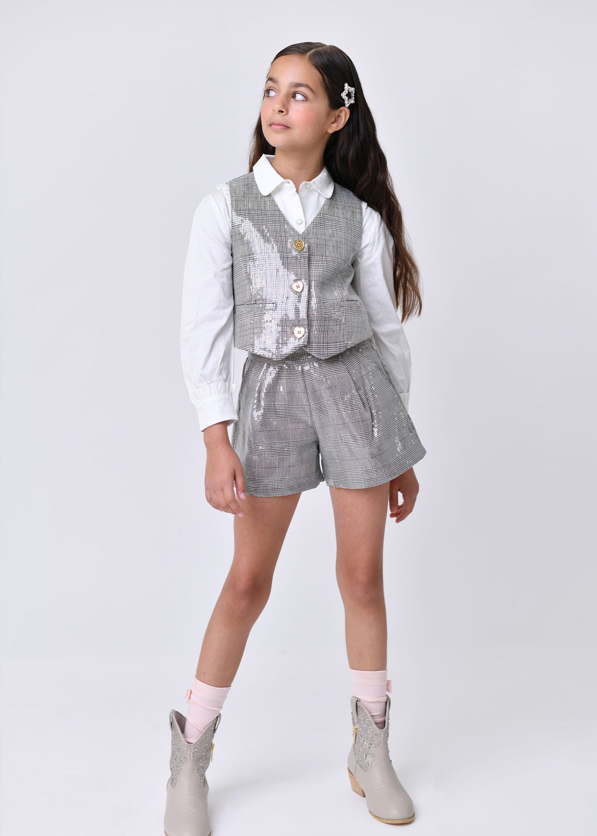 Birdie Check Sequin Waistcoat Grey