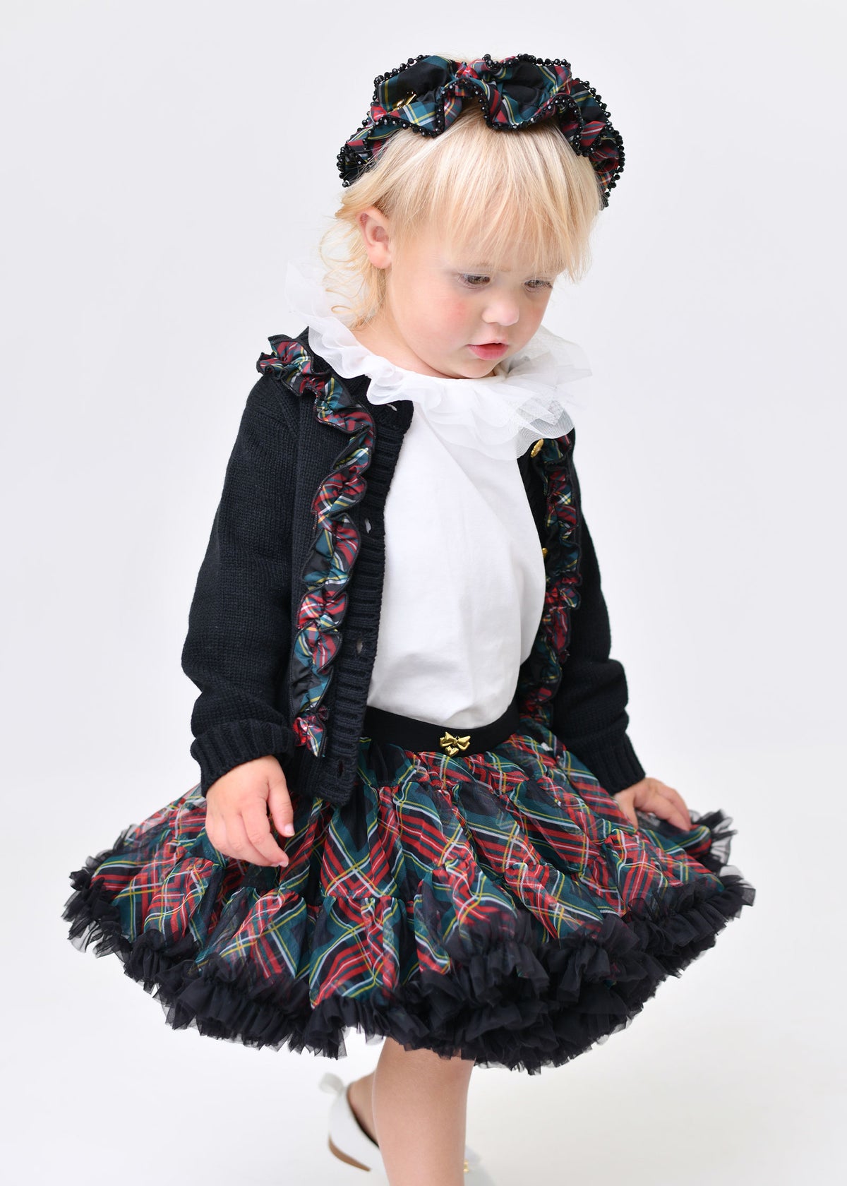 Blair Tartan Ruffle Baby Cardigan Black