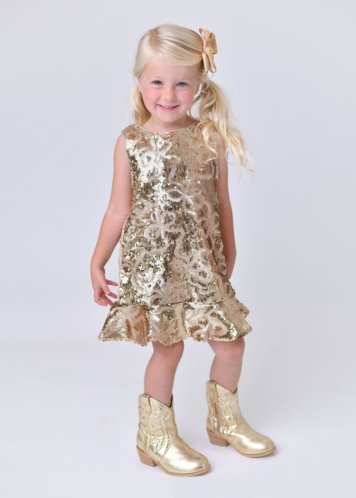 Bonita All Over Sequin Bow Dress Gold