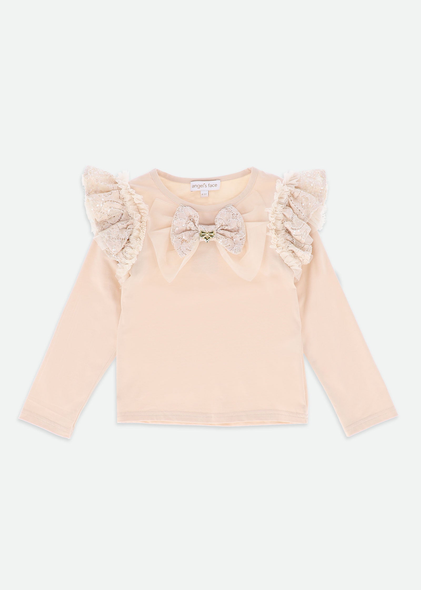 Carina Sequin Lace Bow L/S Top Biscuit