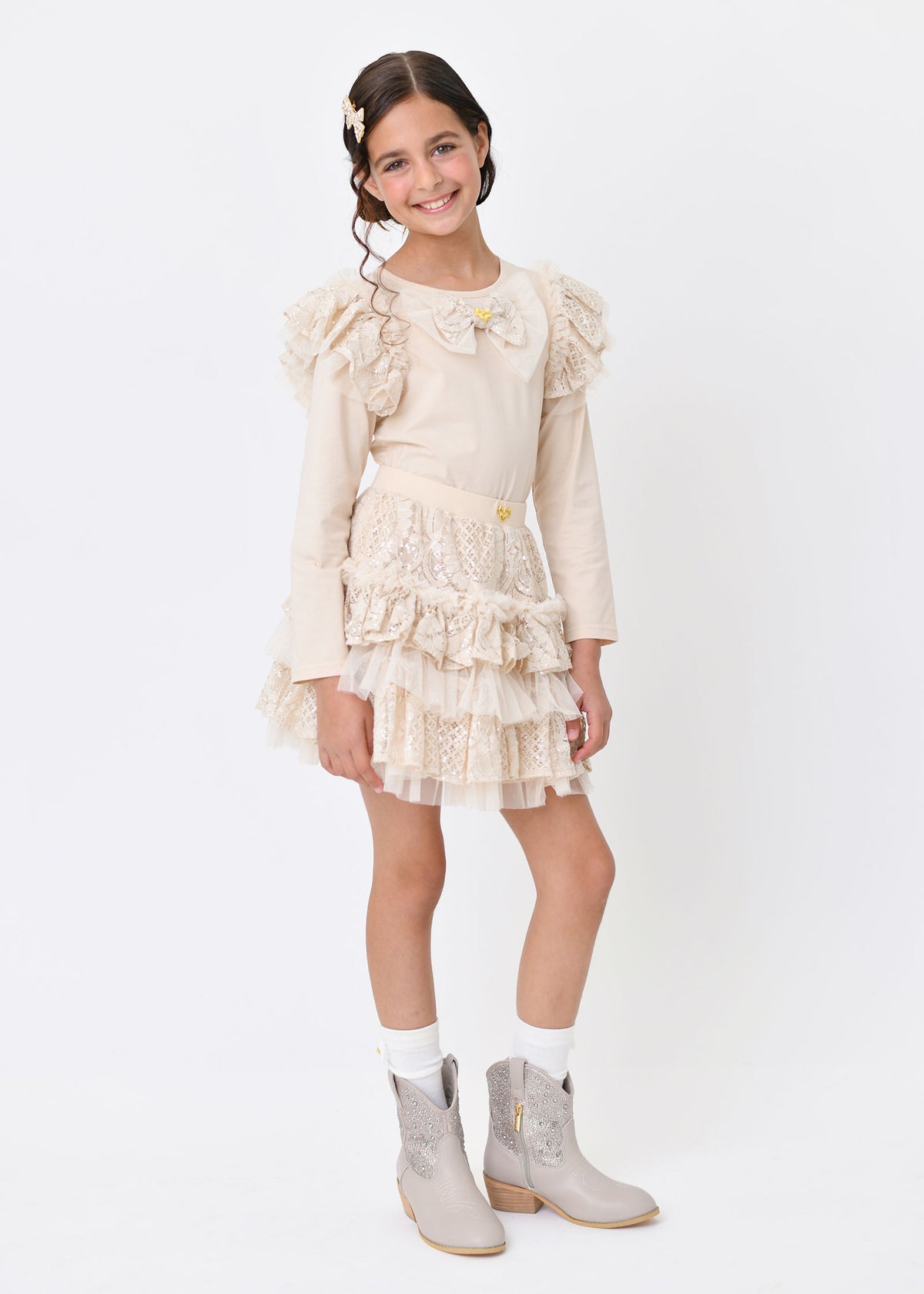 Carina Sequin Lace Bow L/S Top Biscuit