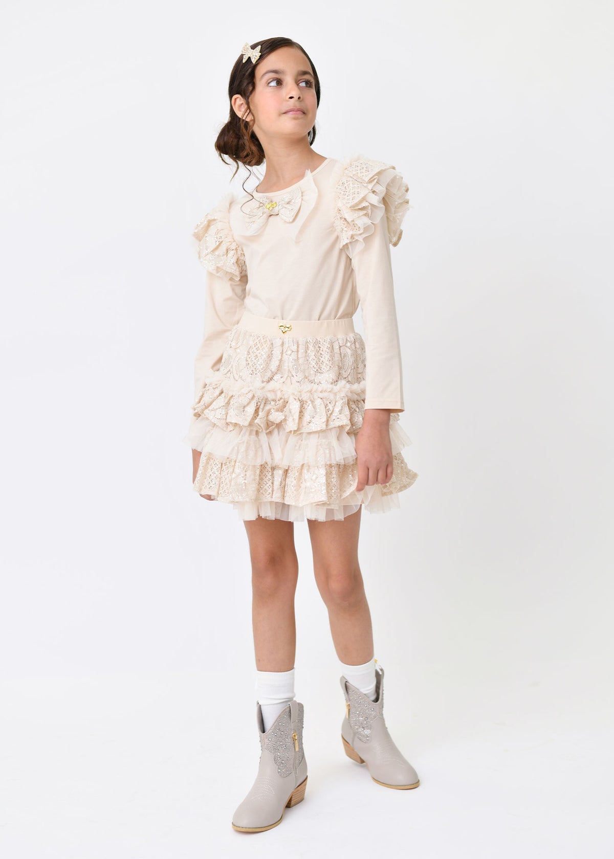 Carina Sequin Lace Bow L/S Top Biscuit