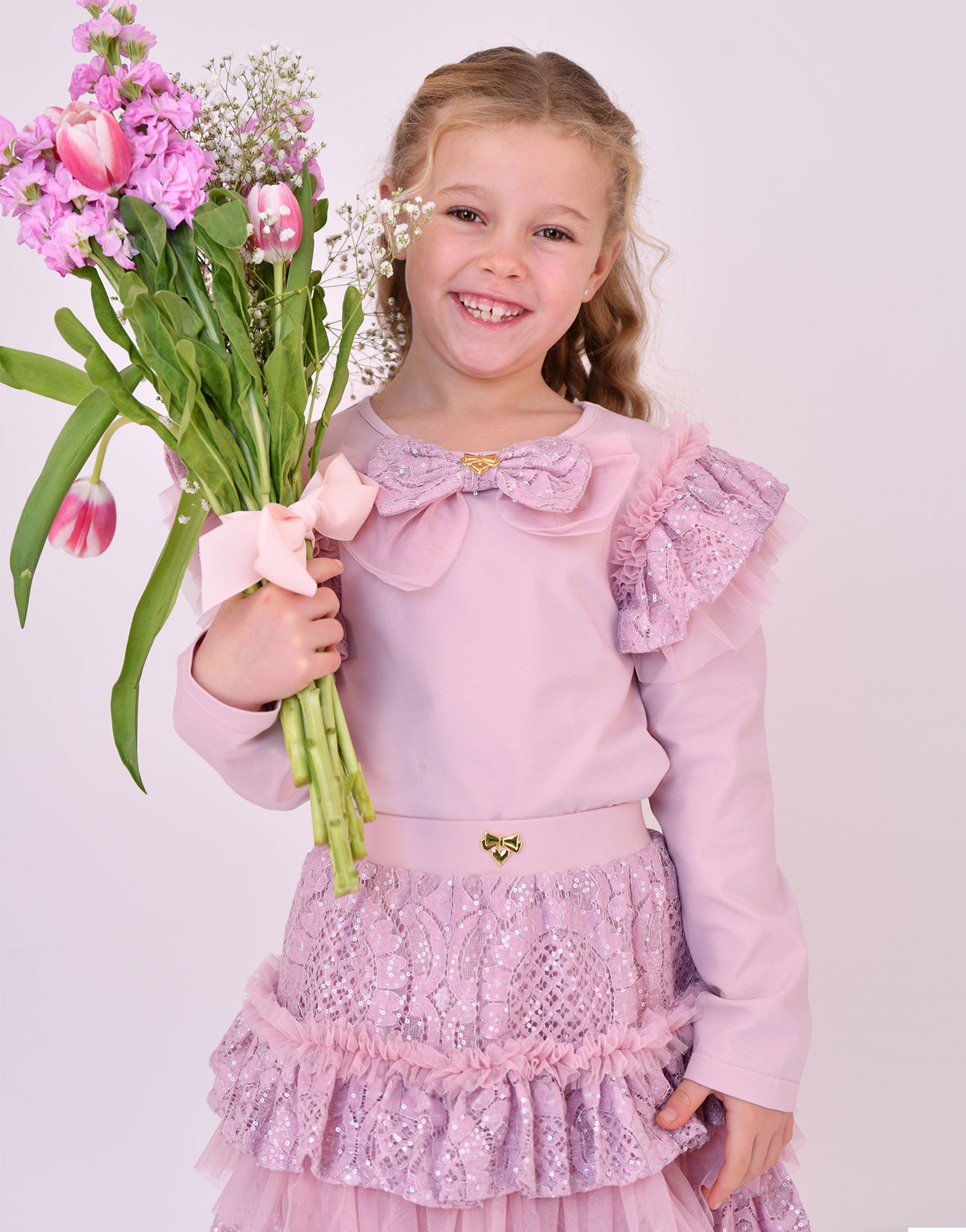 Carina Sequin Lace Bow L/S Top Vintage Rose