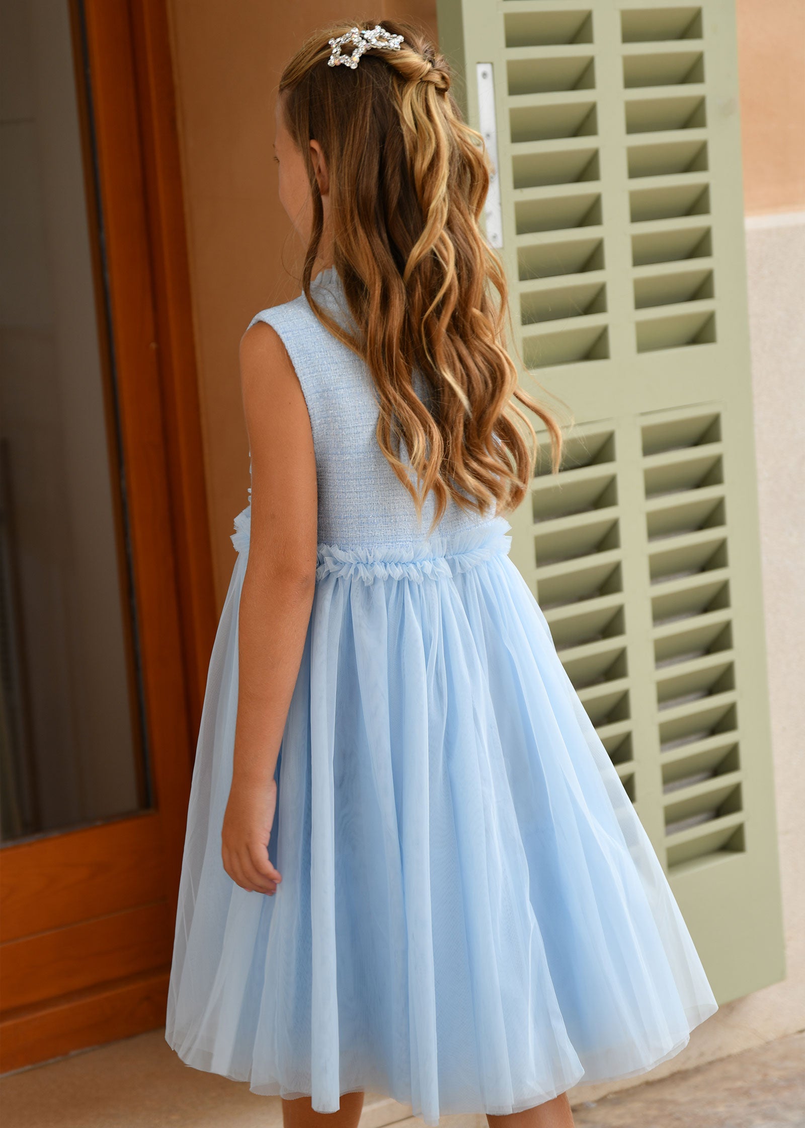 Carla Woven Dress With Tulle Skirt Pretty Blue – Angel's Face