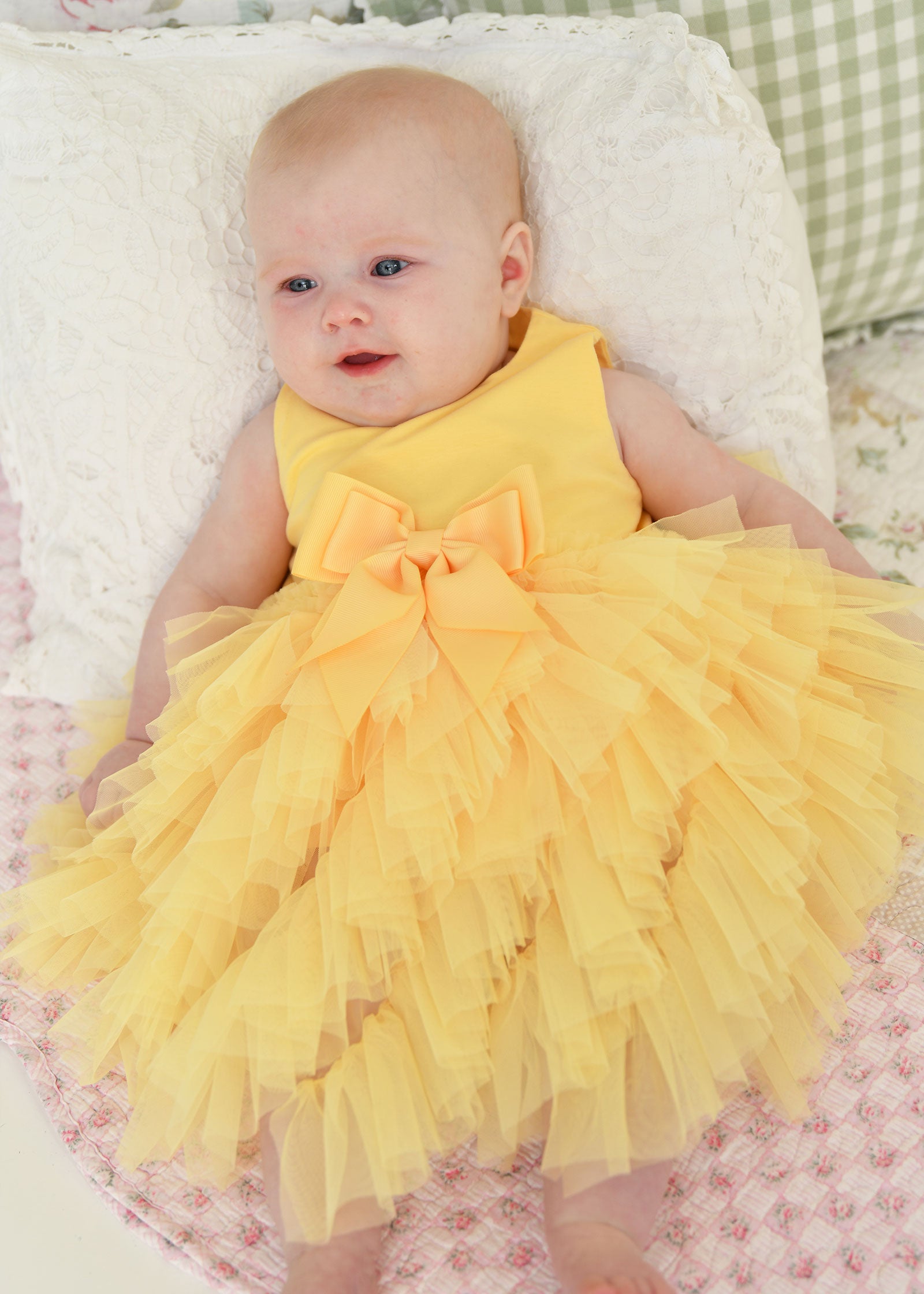 Angel's Face - Cascade Waterfall Tulle Baby Dress Yellow - Designer Children's Clothing Angel's Face - Cascade Waterfall Tulle Baby Dress Yellow - Designer Children's Clothing