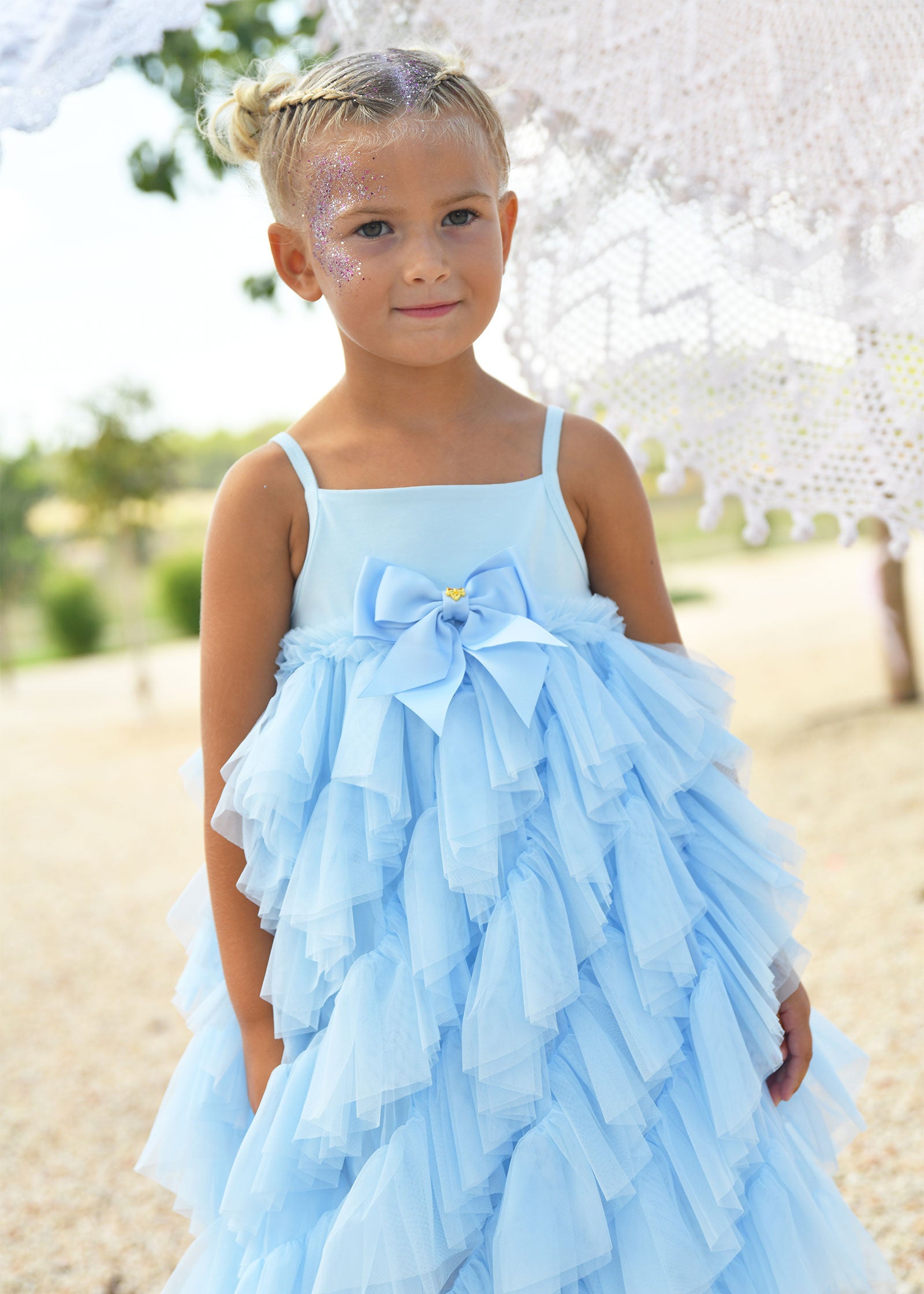 Casacade Waterfall Tulle Strappy Dress Pale Blue