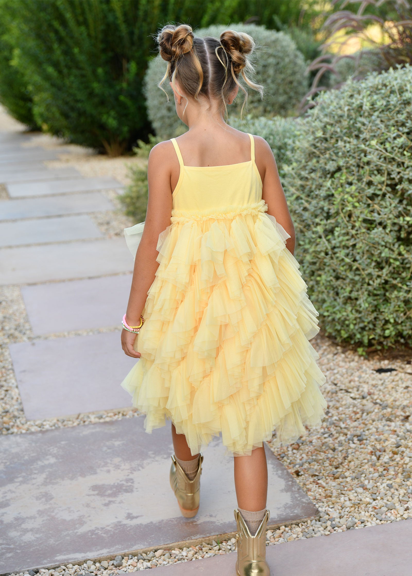 Cascade Waterfall Tulle Strappy Dress Yellow