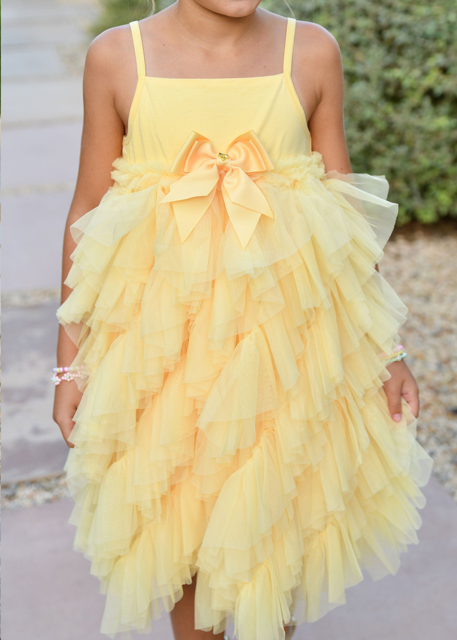 Cascade Waterfall Tulle Strappy Dress Yellow