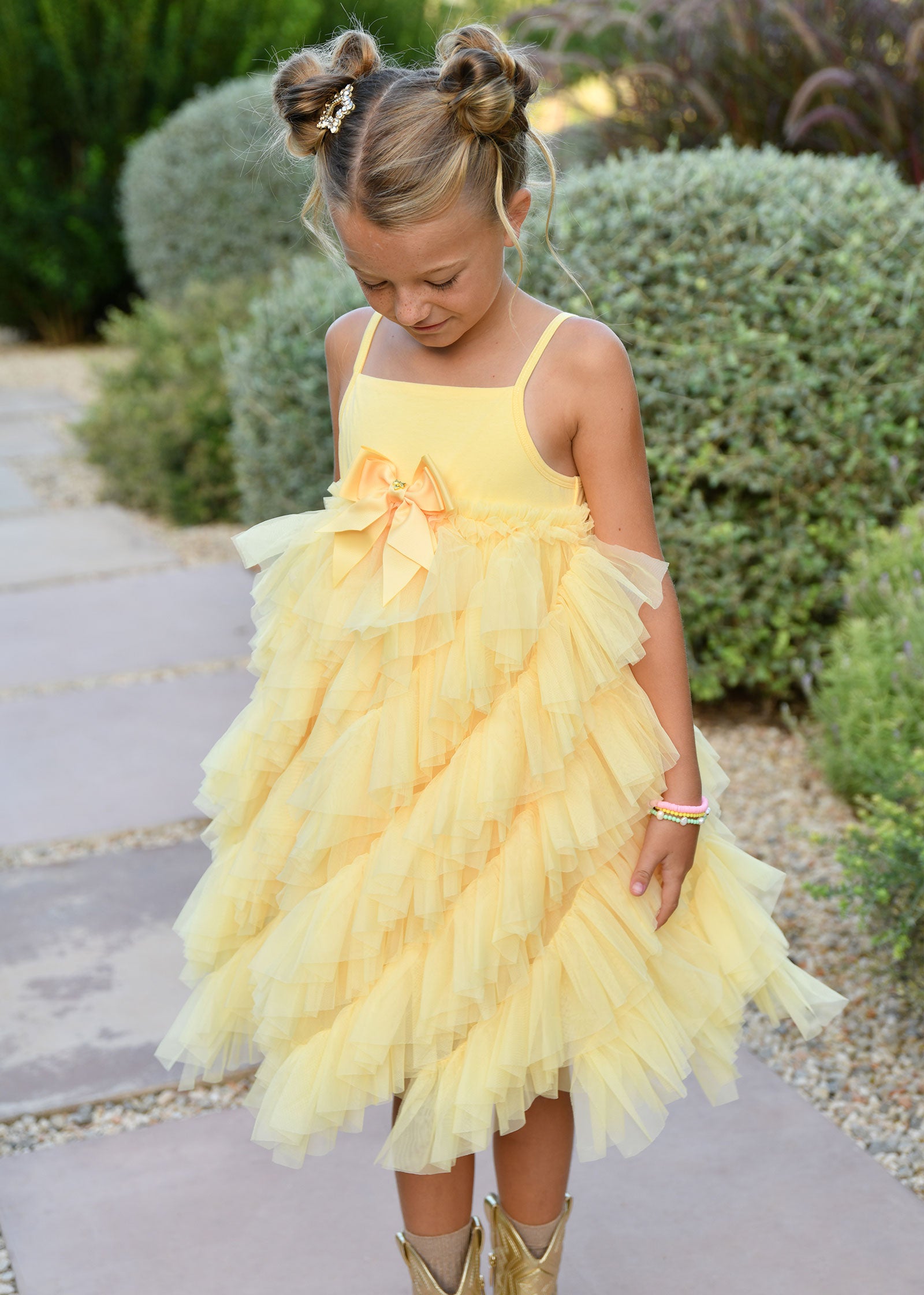 Cascade Waterfall Tulle Strappy Dress Yellow