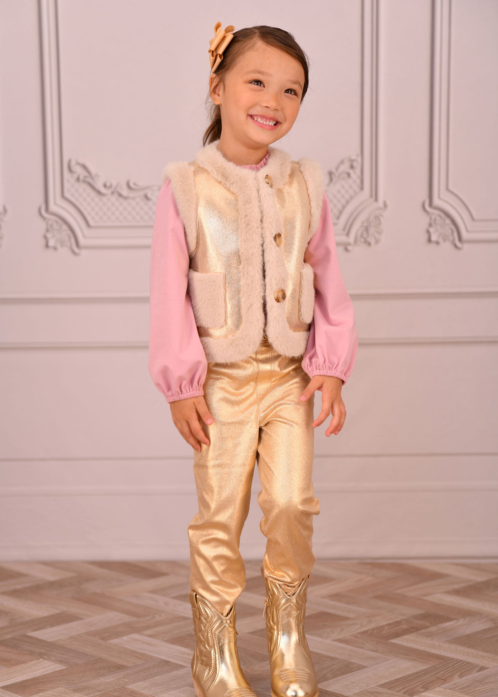 Cher Metallic Fur Gilet Gold