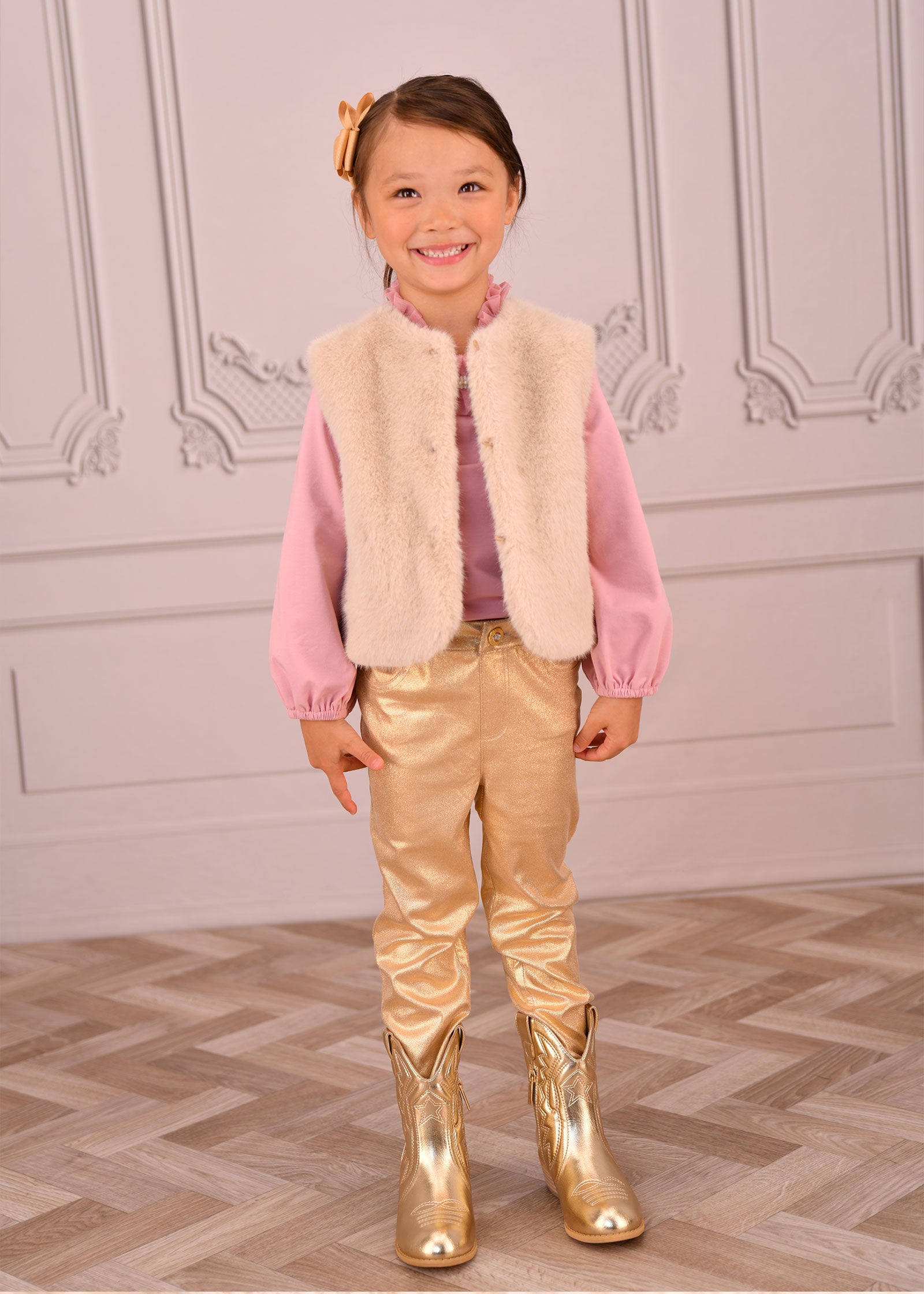 Cher Metallic Fur Gilet Gold