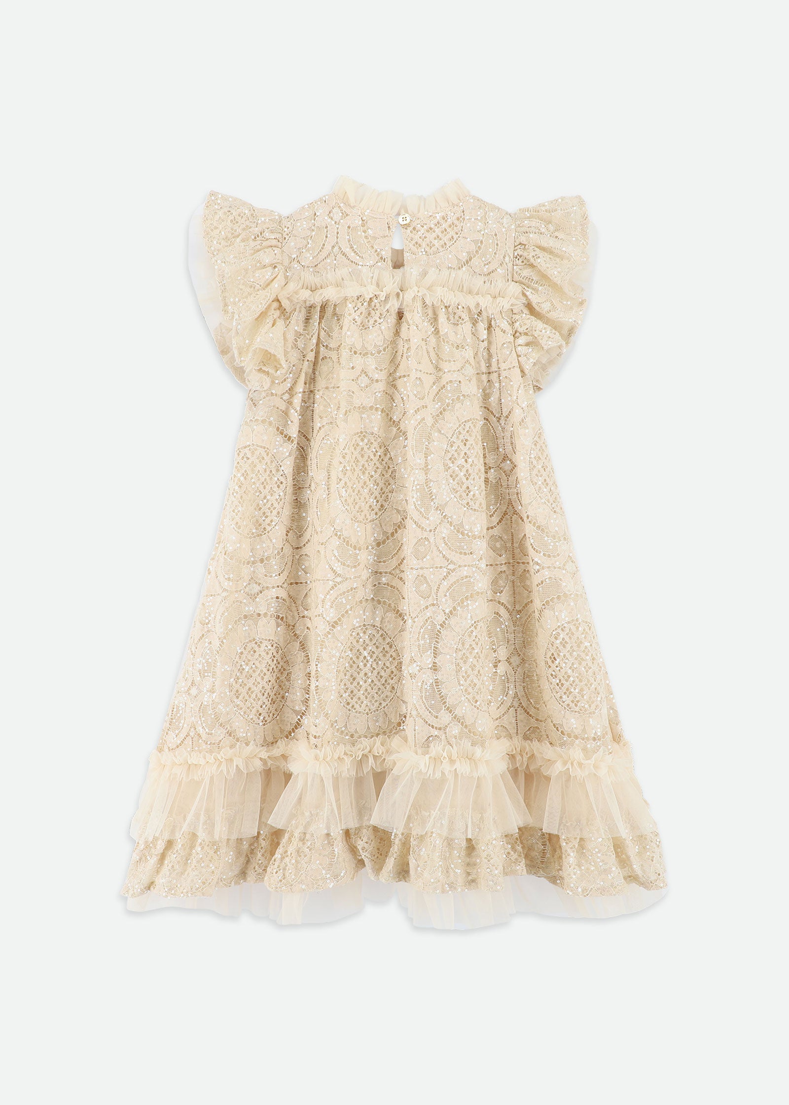 Christina S/S Dipped Hem Sequin Lace Dress Biscuit