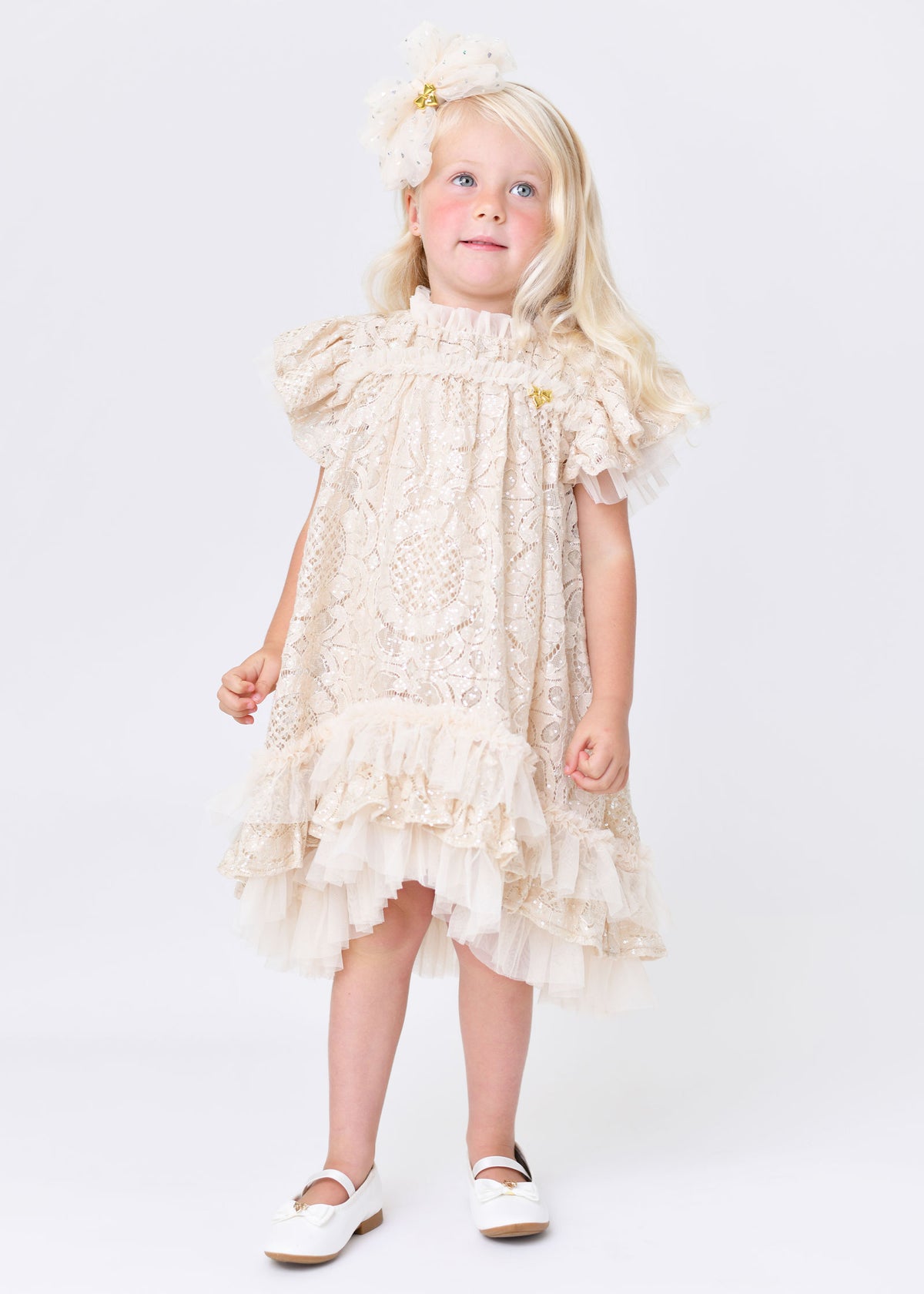 Christina Dipped Hem Sequin Lace Dress Biscuit