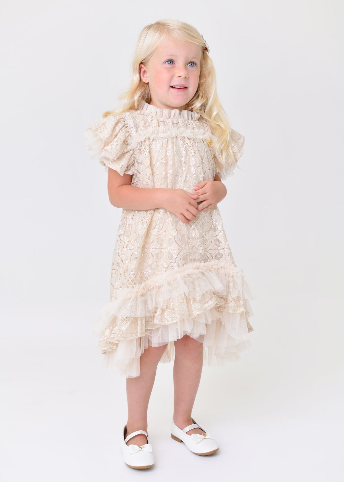 Christina Dipped Hem Sequin Lace Dress Biscuit