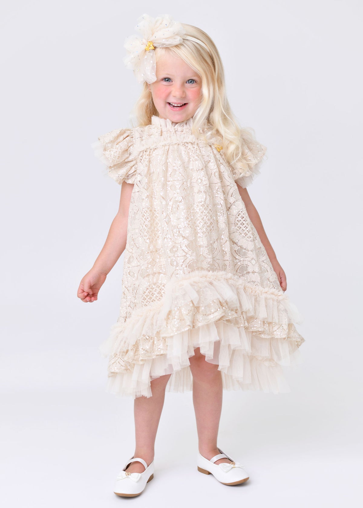 Christina Dipped Hem Sequin Lace Dress Biscuit