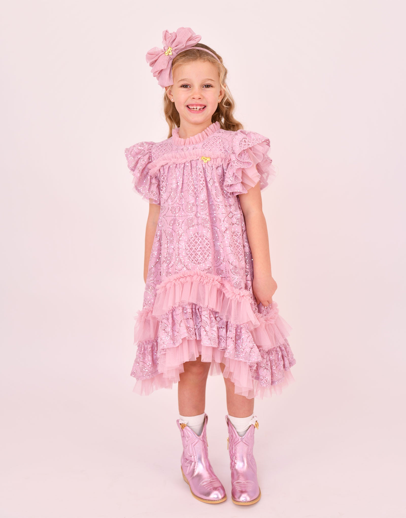 Christina S/S Dipped Hem Sequin Lace Dress Vintage Rose