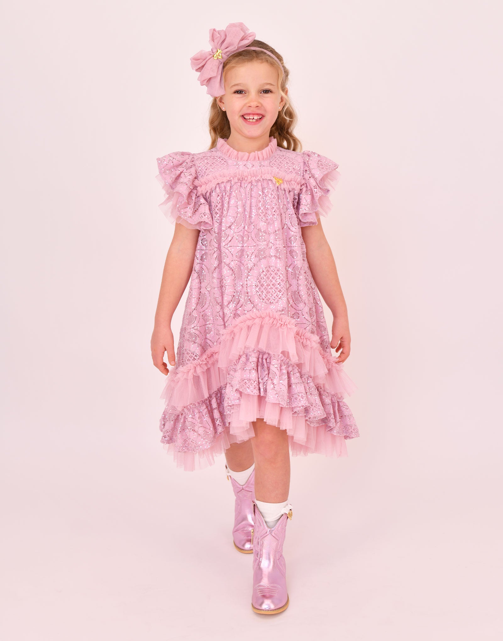 Christina S/S Dipped Hem Sequin Lace Dress Vintage Rose