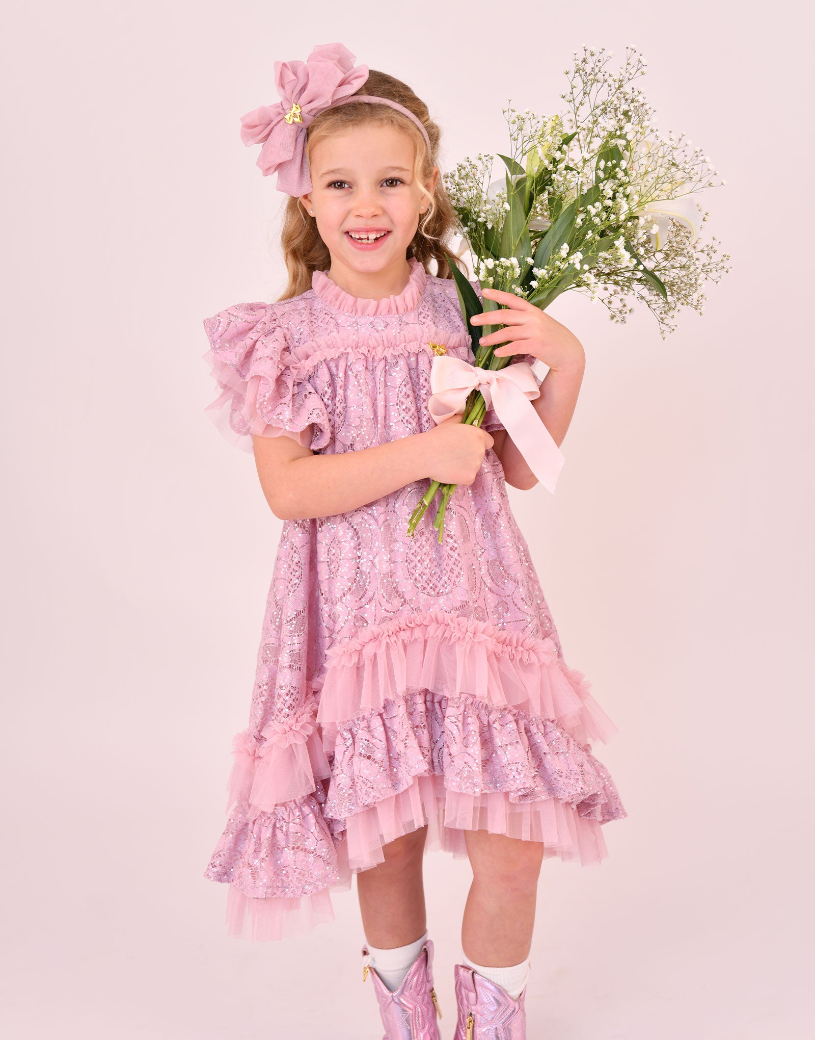 Christina S/S Dipped Hem Sequin Lace Dress Vintage Rose