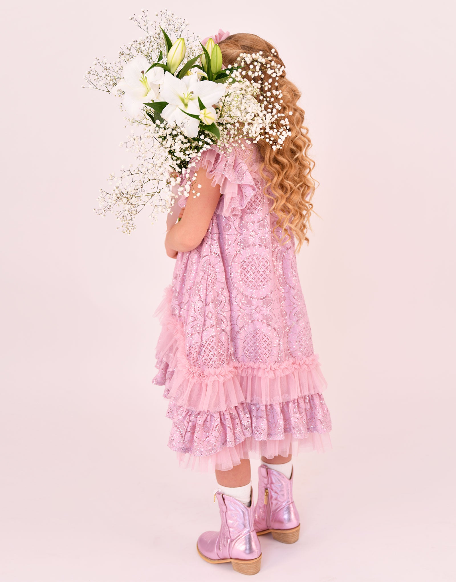 Christina S/S Dipped Hem Sequin Lace Dress Vintage Rose