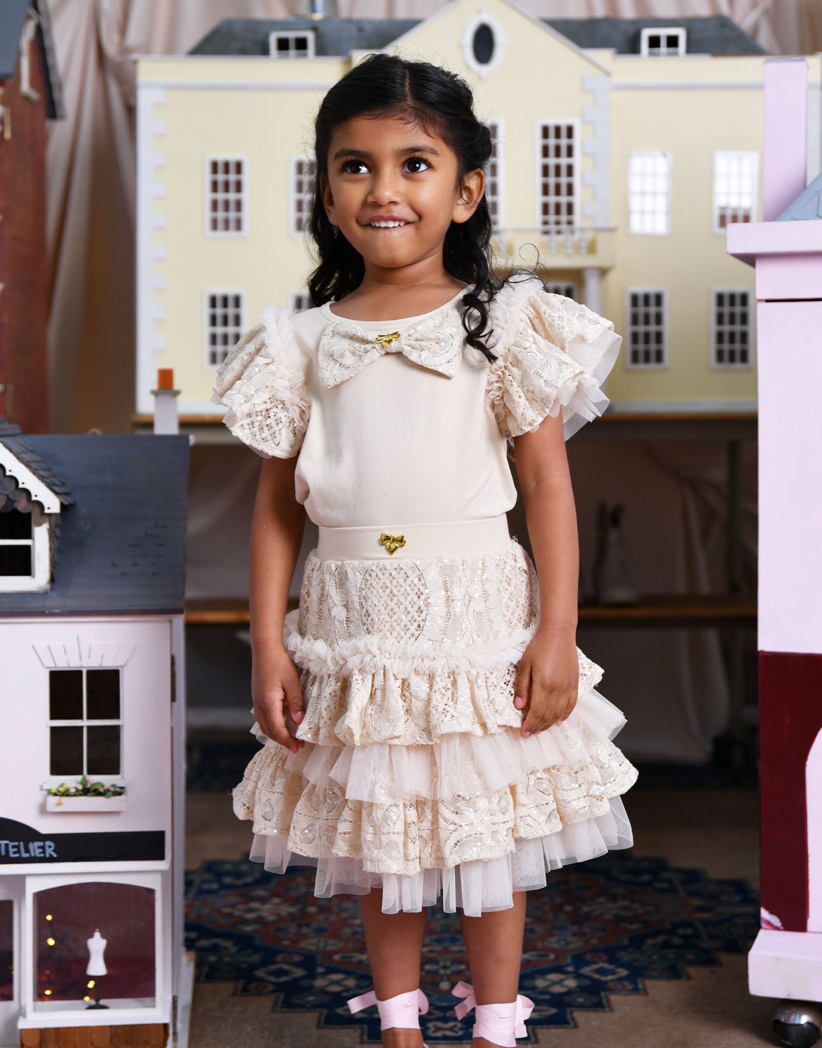 Coleen Sequin Lace Bow Top Biscuit