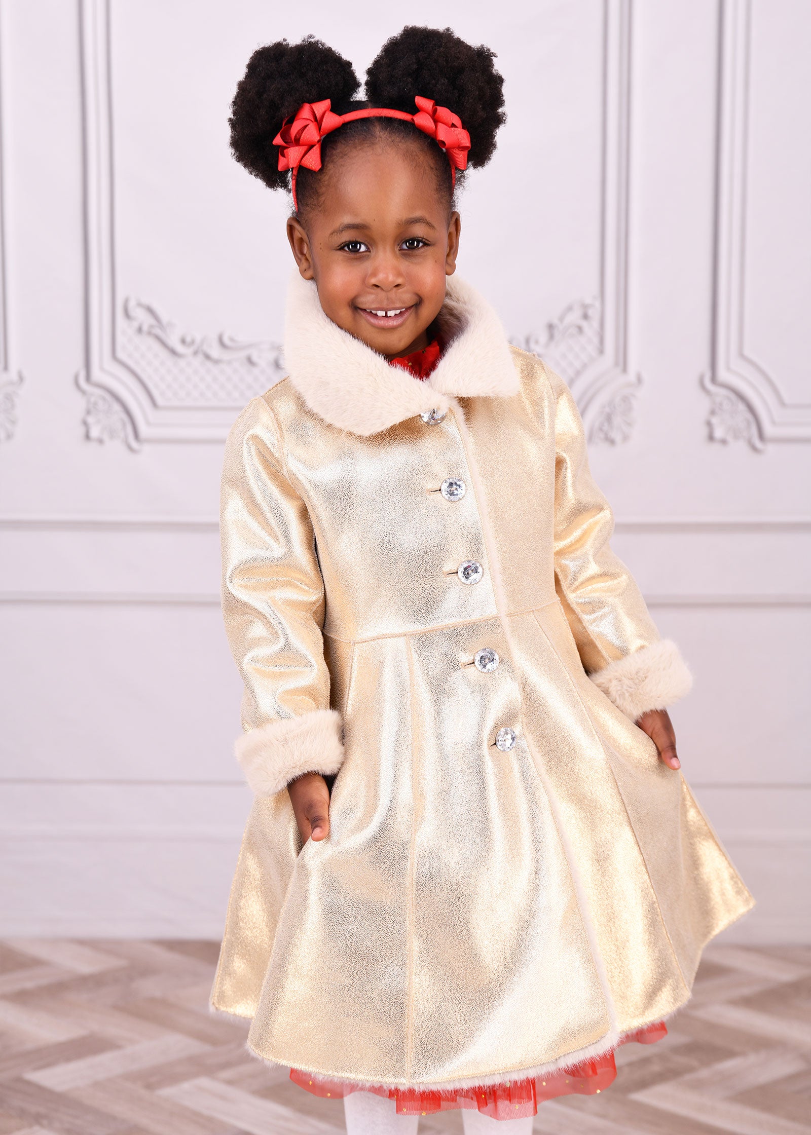 Dazzle Metallic Fur Long Coat Gold