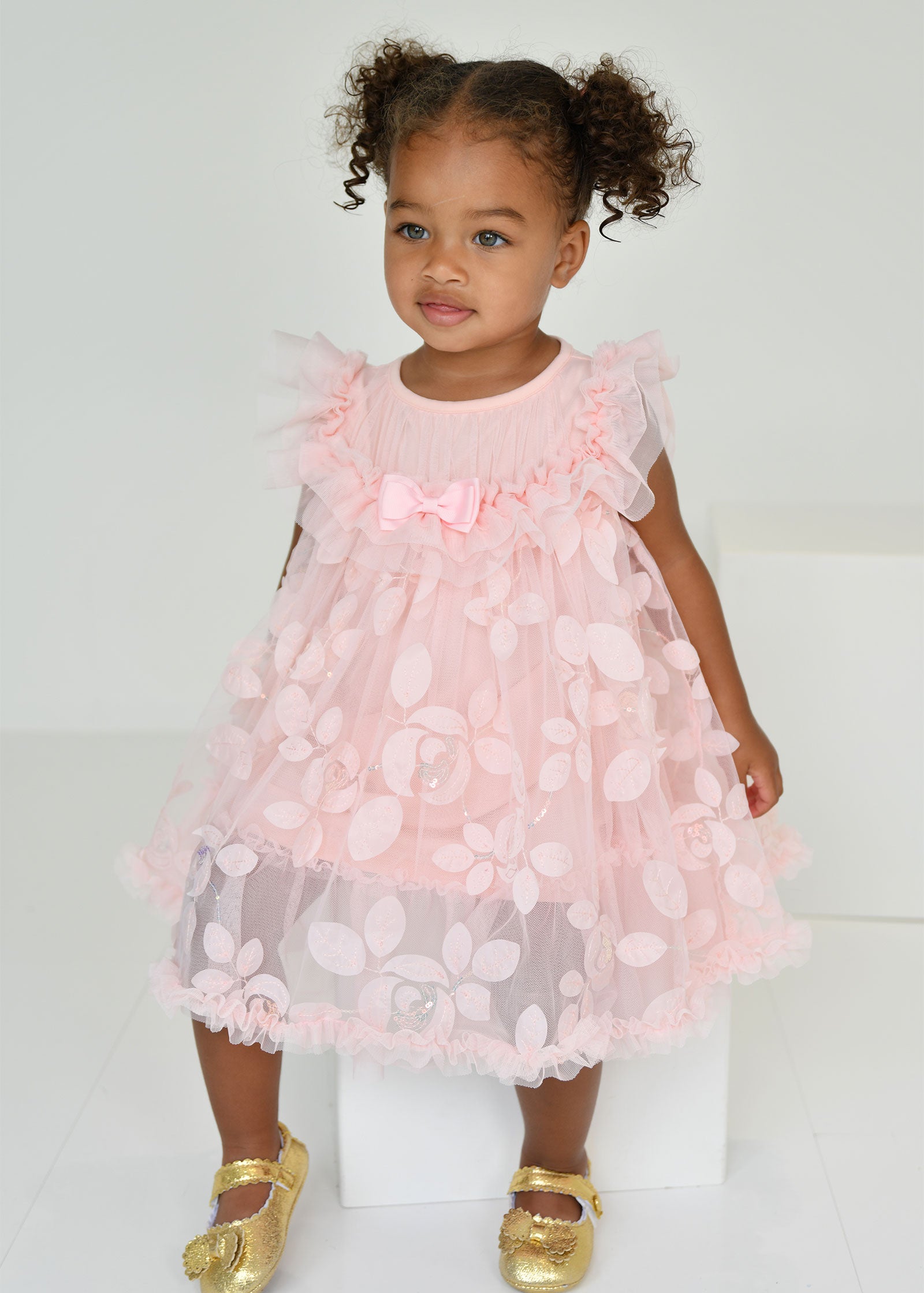 Dominique Embroidered 3D Bud Baby Dress Peach